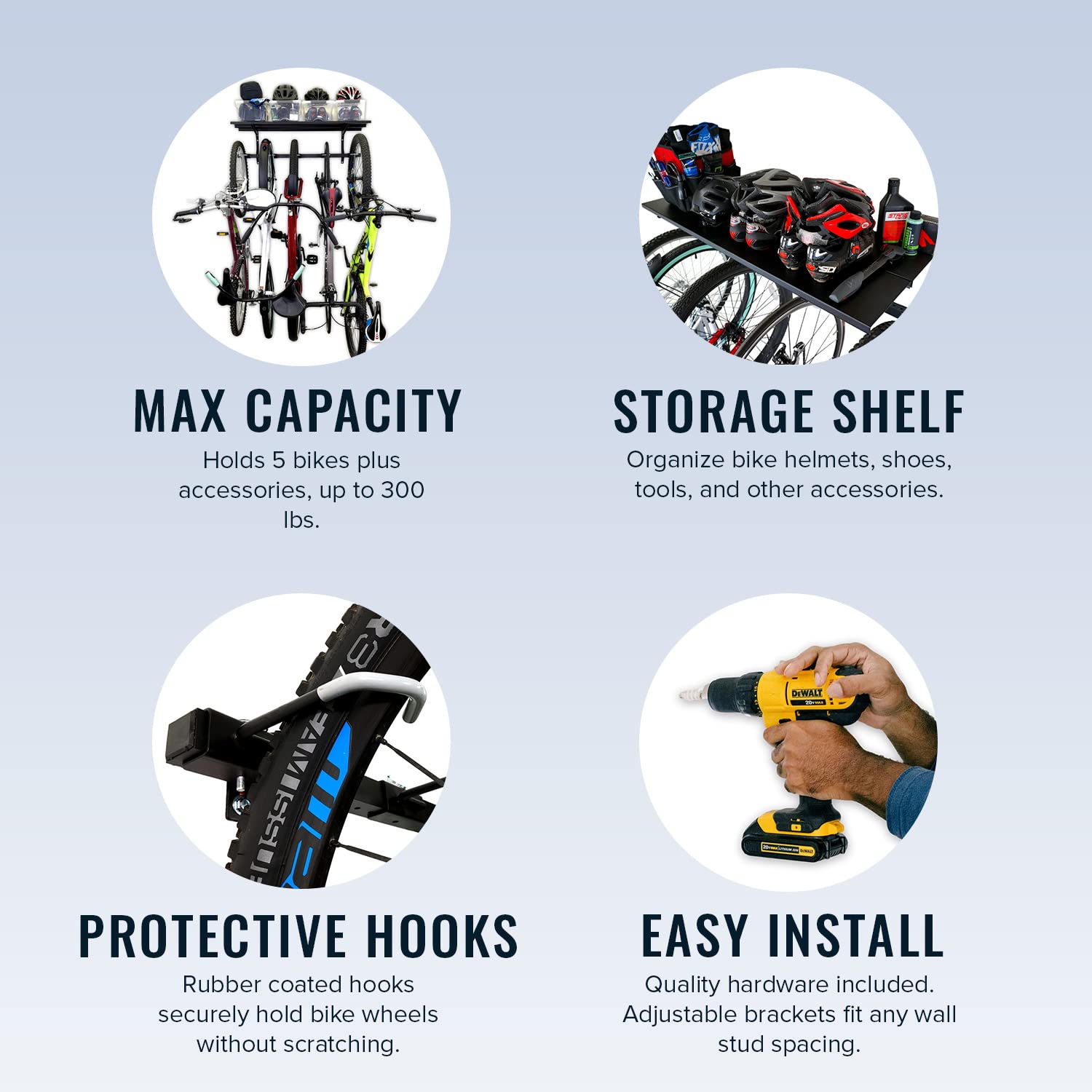 StoreYourBoard 5-Bike Wall Mount Garage Rack - Adjustable Bicycle Storage Hanger System with Shelf | Space-Saving Bike Organizer for Home, Garage & Apartments