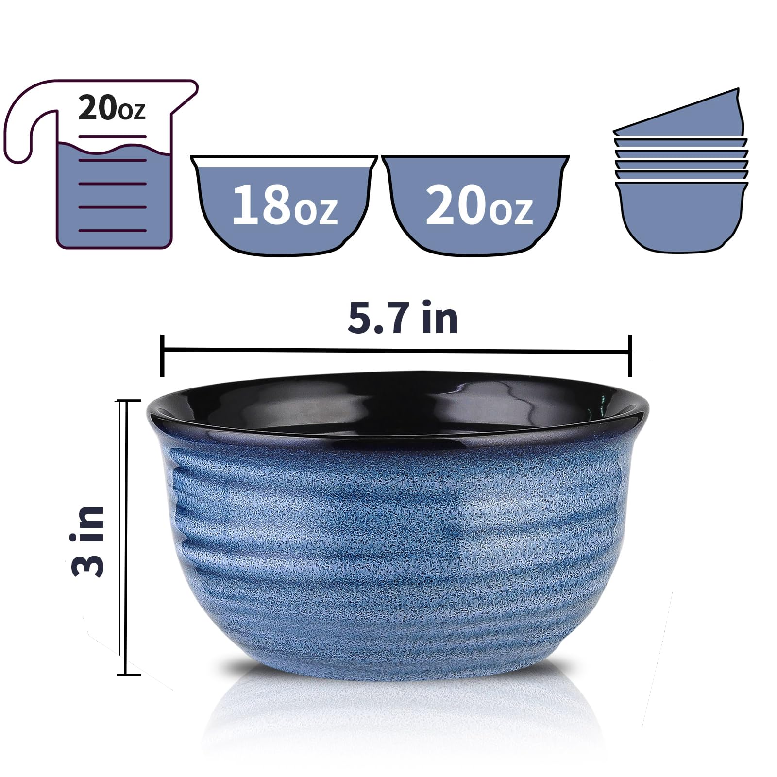 MEKY 20oz Ceramic Soup Bowls - Set of 6 Stackable Microwave & Dishwasher Safe Bowls for Cereal, Pasta, Oatmeal, Rice & Ice Cream - Elegant Durable Kitchenware for Dining, Entertaining & Everyday Use - Blue
