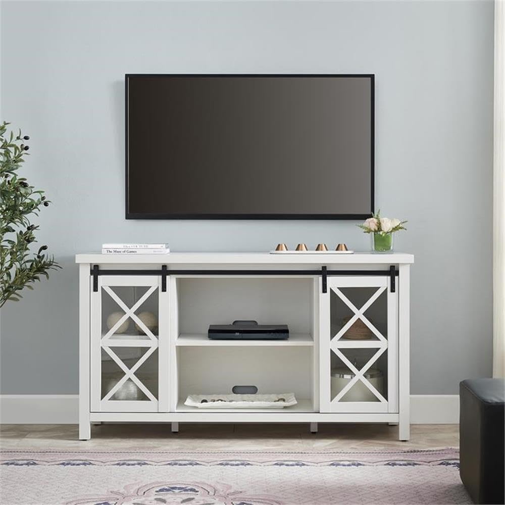 Pemberly Row 58 Inch Contemporary Wood TV Stand in White & Brown - Modern Entertainment Center for Living Room, Bedroom, or Home Theater
