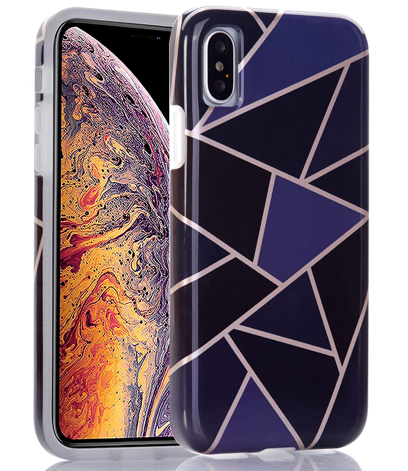 BAISRKE Geometric Marble iPhone X/XS Case - Slim Soft TPU Rubber Bumper & Silicone Protective Cover for iPhone X & XS (5.8 Inch) - Navy Blue | Stylish Protection for Everyday Use & Travel