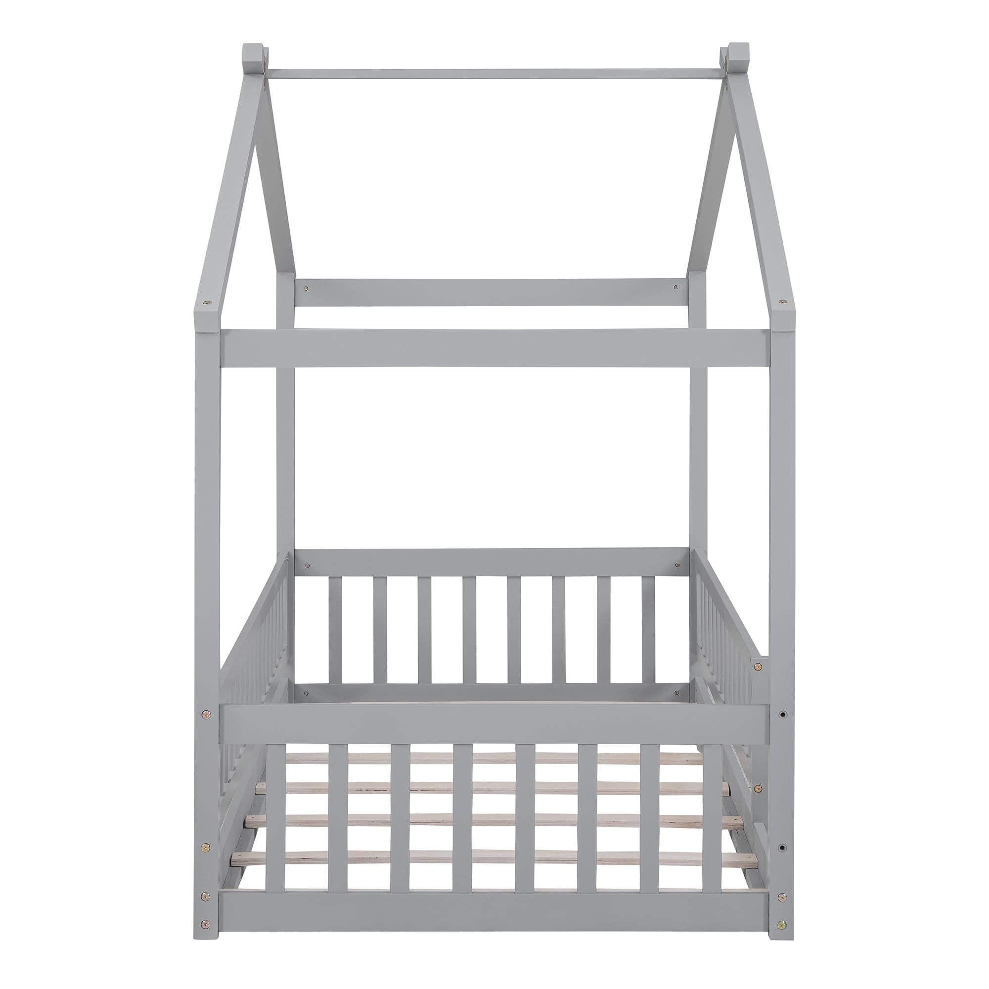 Montessori Twin Size House Bed with Fence Railings - Solid Wood Floor Bed Frame for Kids, Playhouse Bed for Boys & Girls in Gray - Perfect for Bedrooms, Playrooms & Montessori Learning Spaces
