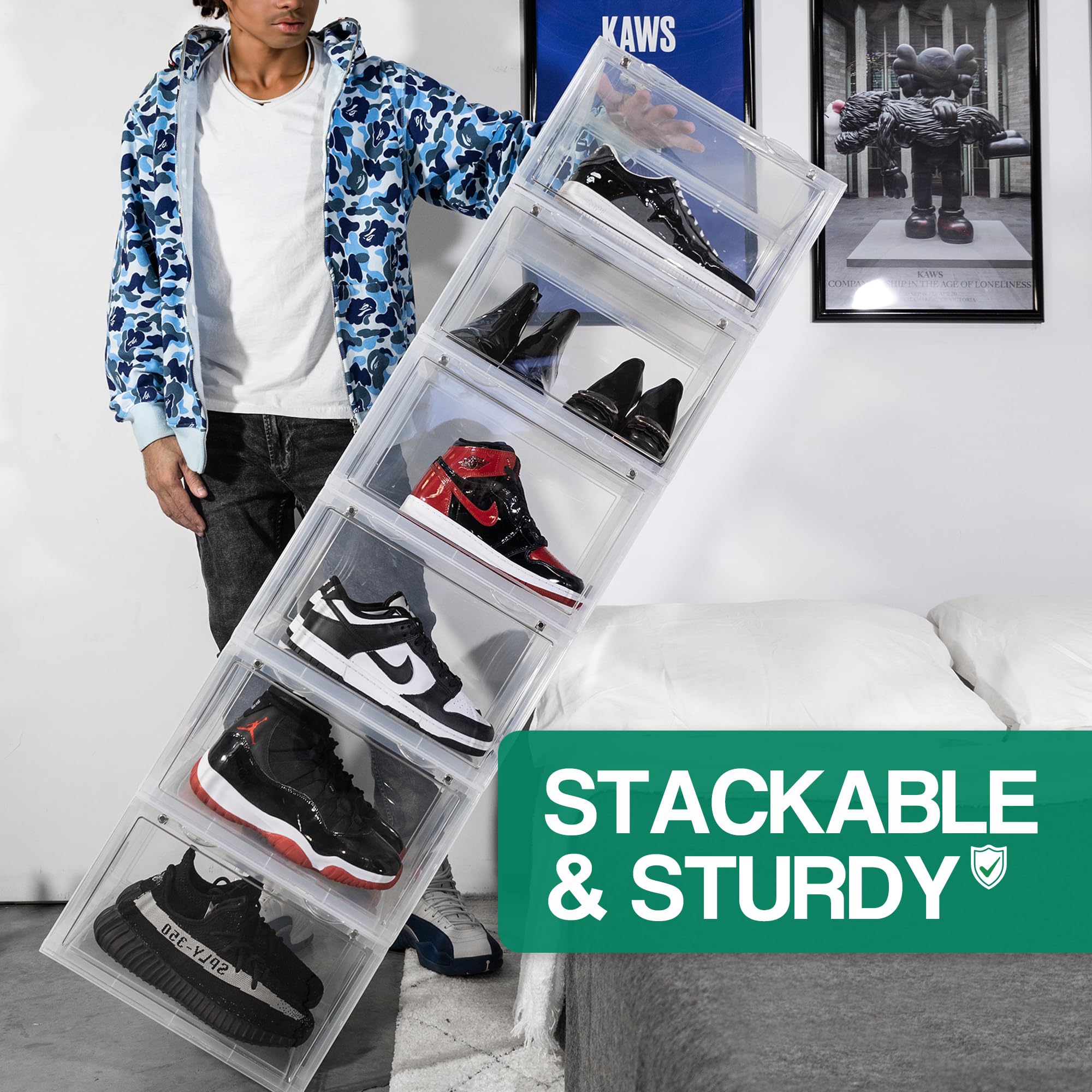 OLLIE XL Foldable Stackable Clear Hard Plastic Shoe Storage Box Organizer for Closet – Holds Up to Size 13 Shoes – Acrylic Shoe Box Containers for Jordan, Sneakers, Boots (3-Pack, Clear) – Perfect for Sneaker Collection, Shoe Display & Closet Organization