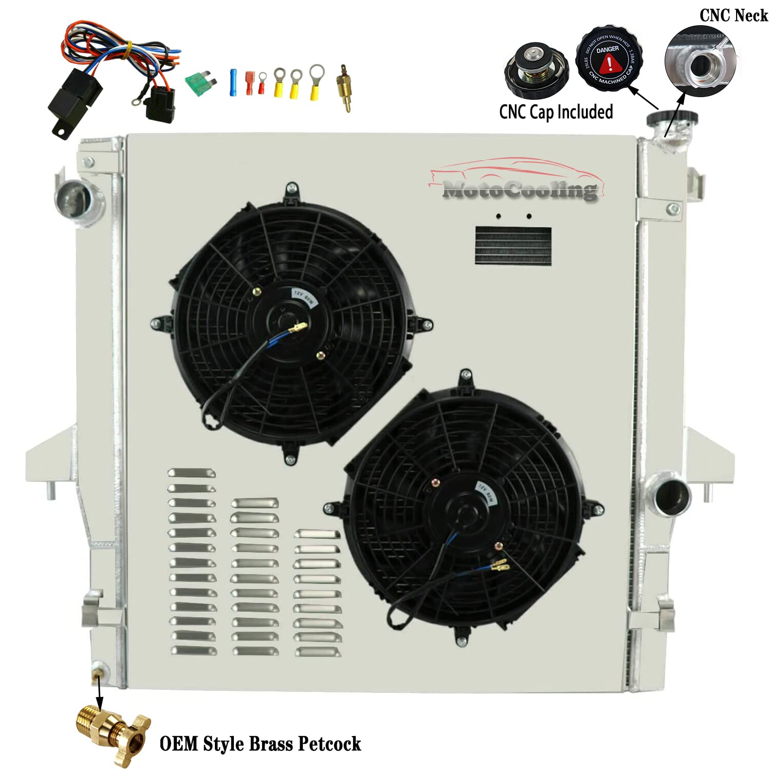 34mm Aluminum Radiator with Electric Fan Shroud & Thermostat Kit - Replacement for 2003-2009 Dodge Ram 2500/3500 & 2008-2010 Ram 4500/5500 - Fits 5.9L & 6.7L Cummins Diesel Engines - 2 Row Core Cooling System - Perfect for Towing, Off-Road & Heavy-Duty Use