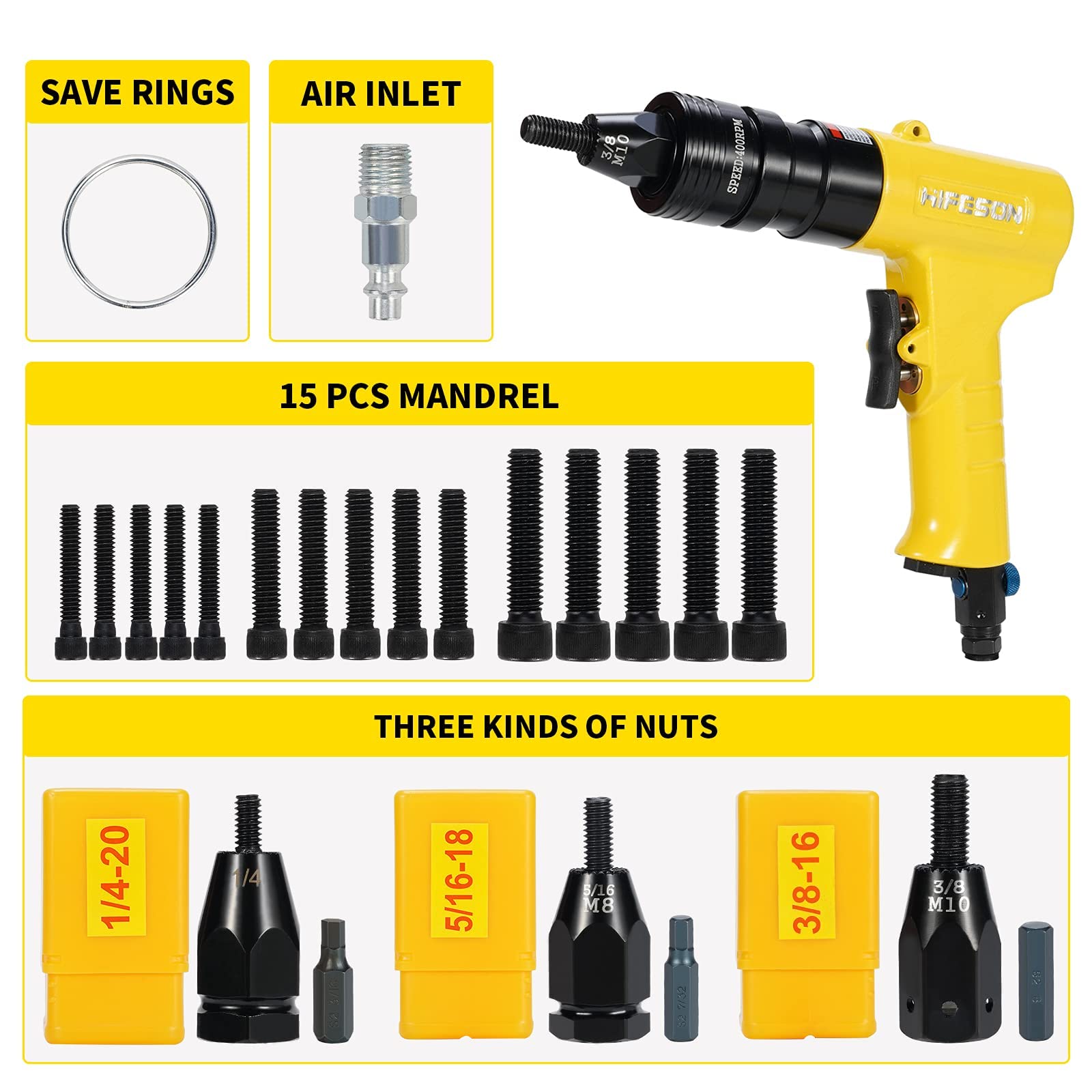 HIFESON Professional Pneumatic Rivet Nut Gun - 1/4
