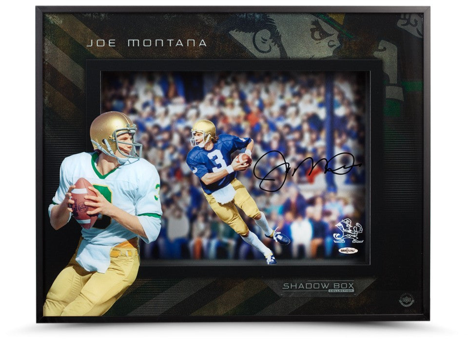 Joe Montana Autographed Notre Dame Football Shadowbox Display - Perfect for Sports Memorabilia Collectors and Man Cave Decor