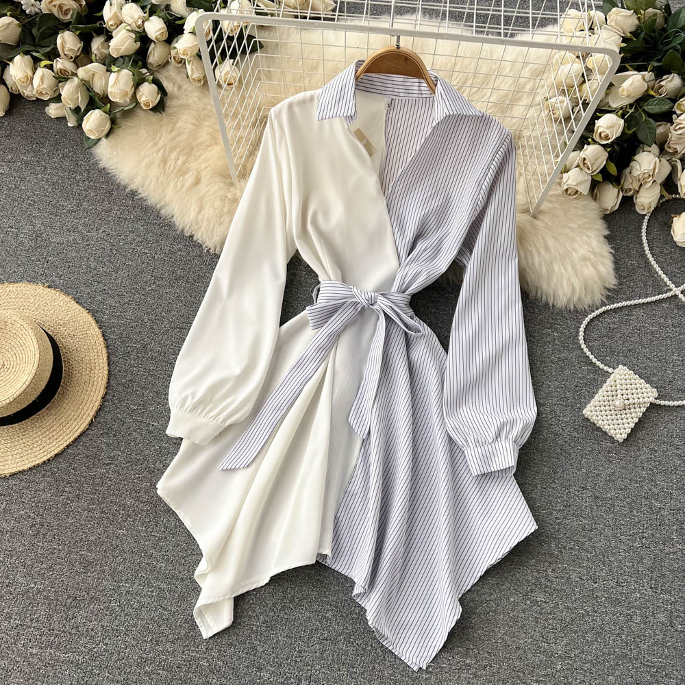 Fashion Striped Color Block Midi Shirt Dress - Trendy Irregular Pattern, Casual & Elegant Style for Women | Perfect for Office, Date Night & Summer Outings