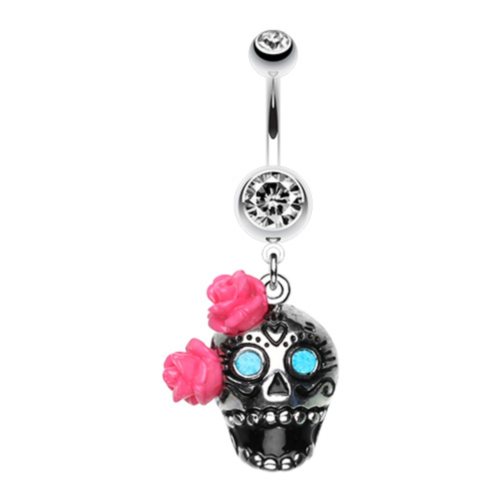 Bright Sugar Skull Rose Belly Button Ring - WildKlass Gothic Navel Piercing Jewelry for Women, Perfect for Halloween, Dia de Los Muertos & Alternative Fashion