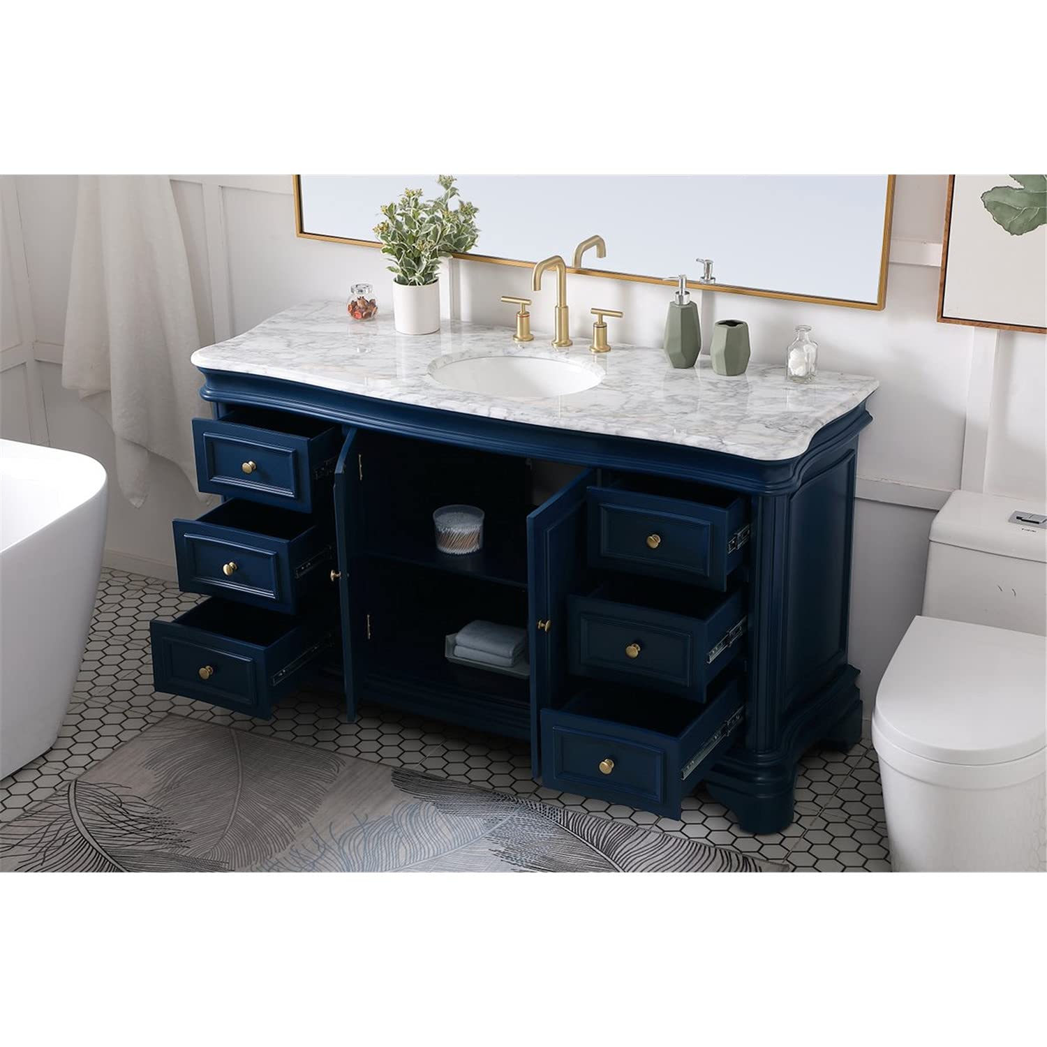 60 Inch Blue Single Bathroom Vanity Set with Mirror - Modern Elegant Bathroom Decor for Master Bath, Guest Bath & Powder Room