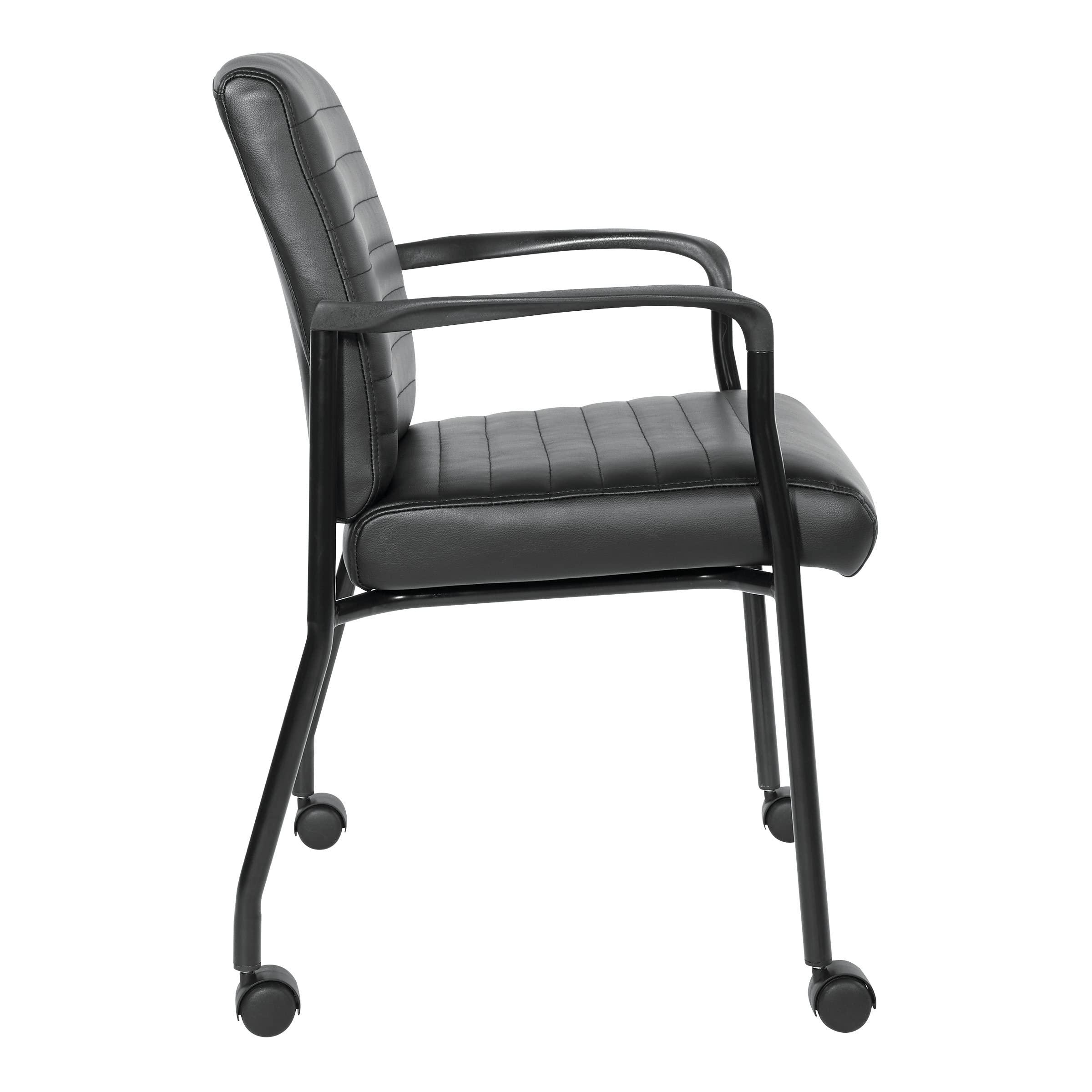 Office Star FL Series Faux Leather Padded Guest Chair with Built-in Lumbar Support & Casters - Black with Black Frame - Perfect for Home Office, Conference Rooms & Reception Areas