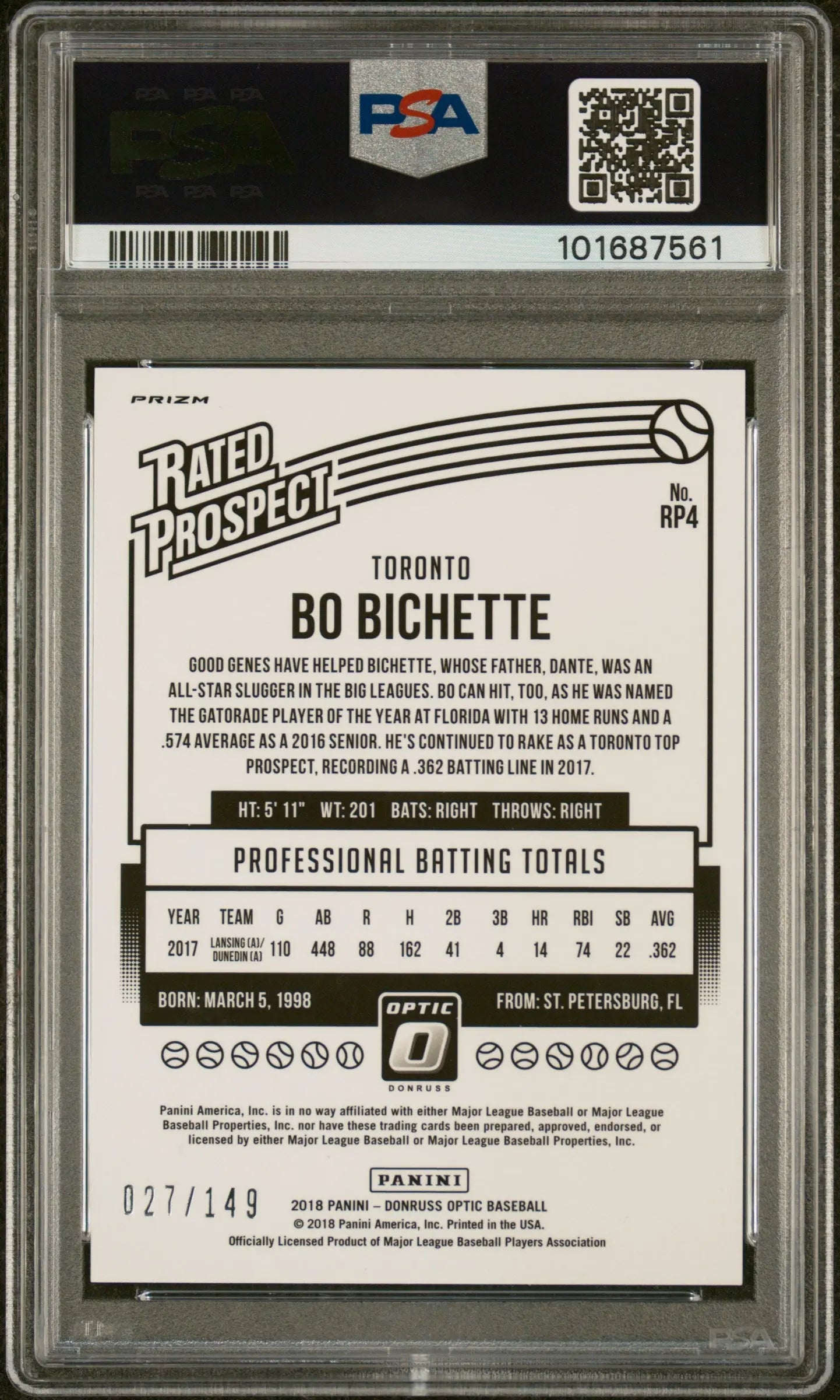 2018 Panini Donruss Optic Rated Prospect Bo Bichette Blue PSA 8 /149 Baseball Card - Rare Collectible for Sports Memorabilia & Investment - Perfect for Display, Trading, and Card Collections