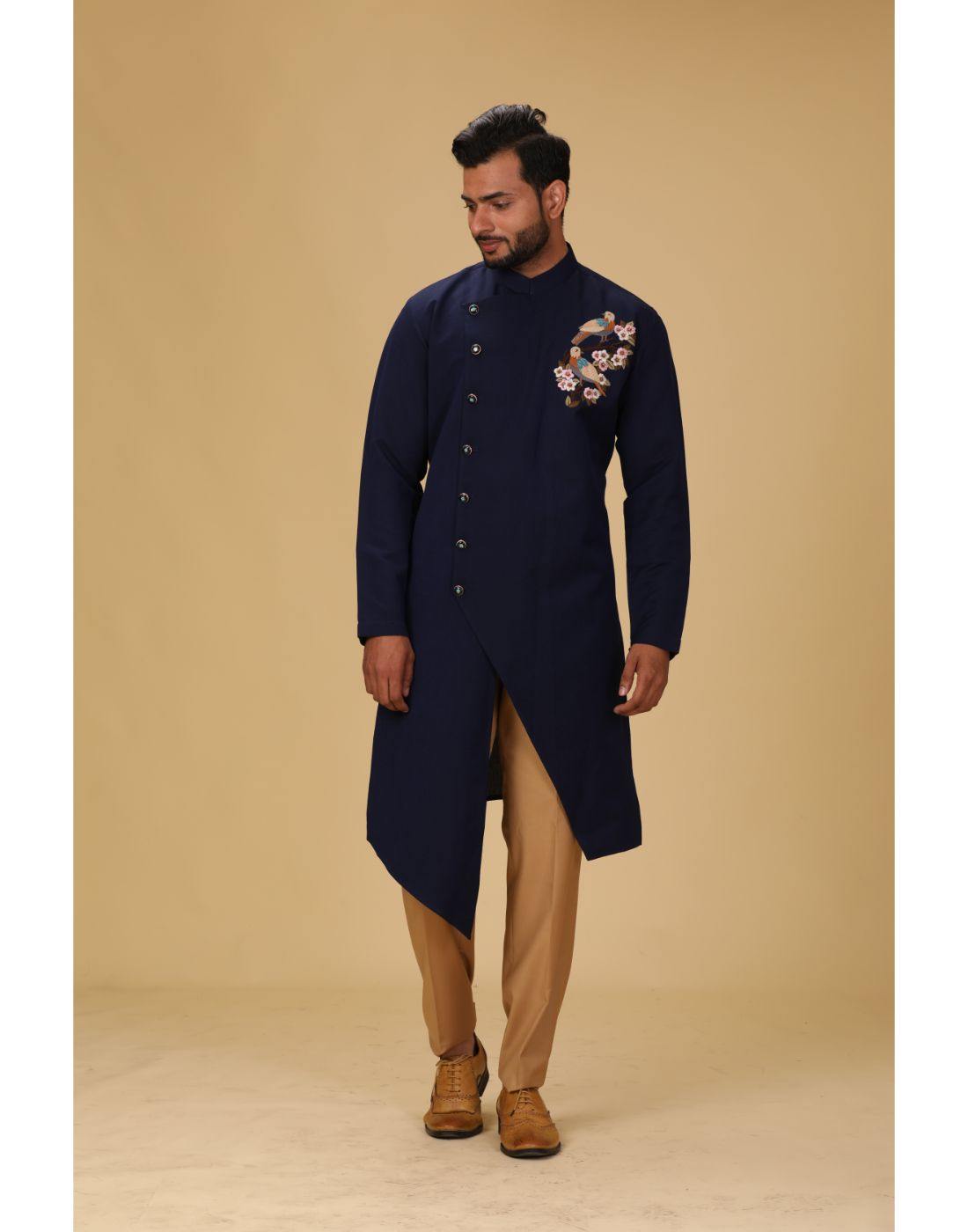 Stylish Navy Blue Thread Embroidery Asymmetrical Designer Sherwani Pant Set for Men - Perfect for Weddings, Festivals & Special Occasions