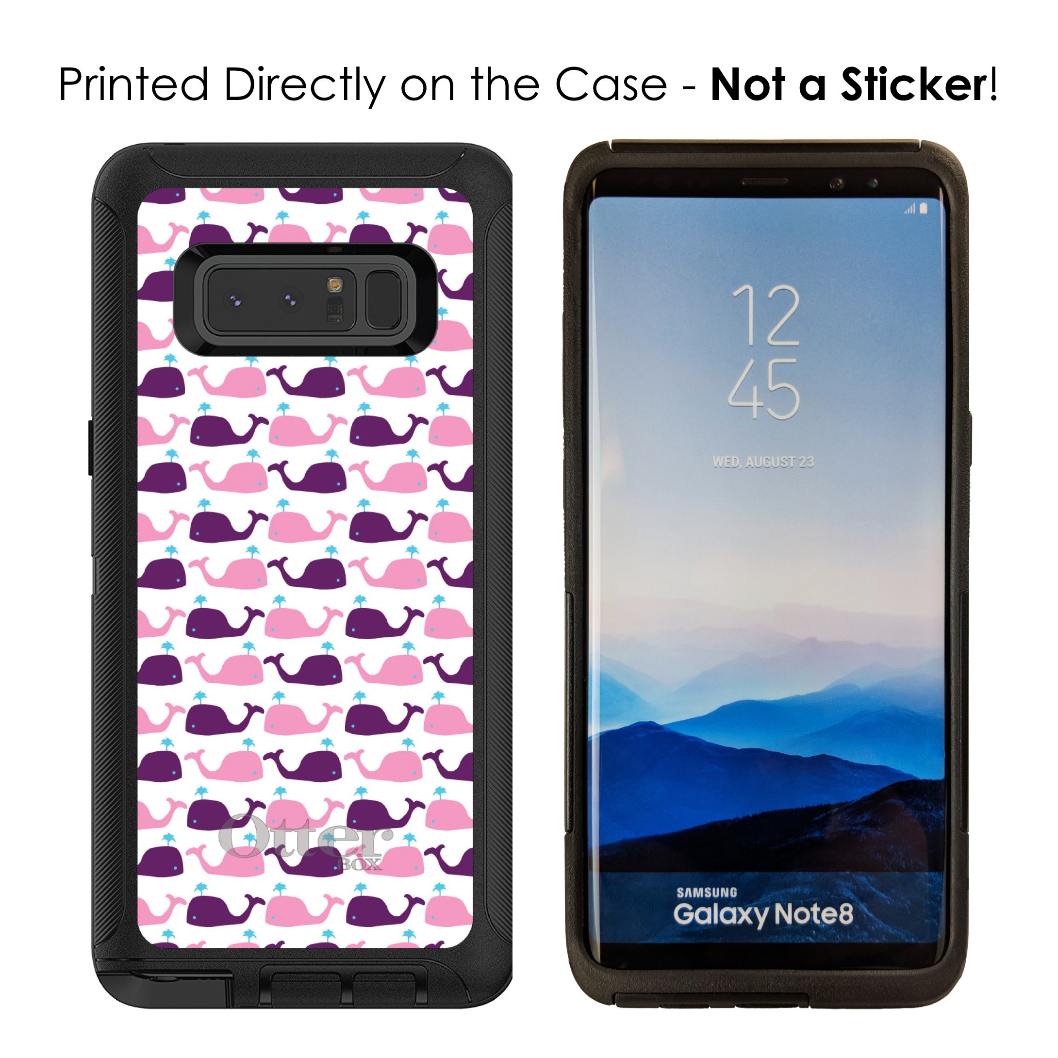 **DistinctInk Samsung Galaxy Note 8 Case - Custom Black Protective Cover with Purple Pink Cartoon Whales Design | Durable Replacement for OtterBox Defender | Perfect for Work, Travel & Everyday Use**
