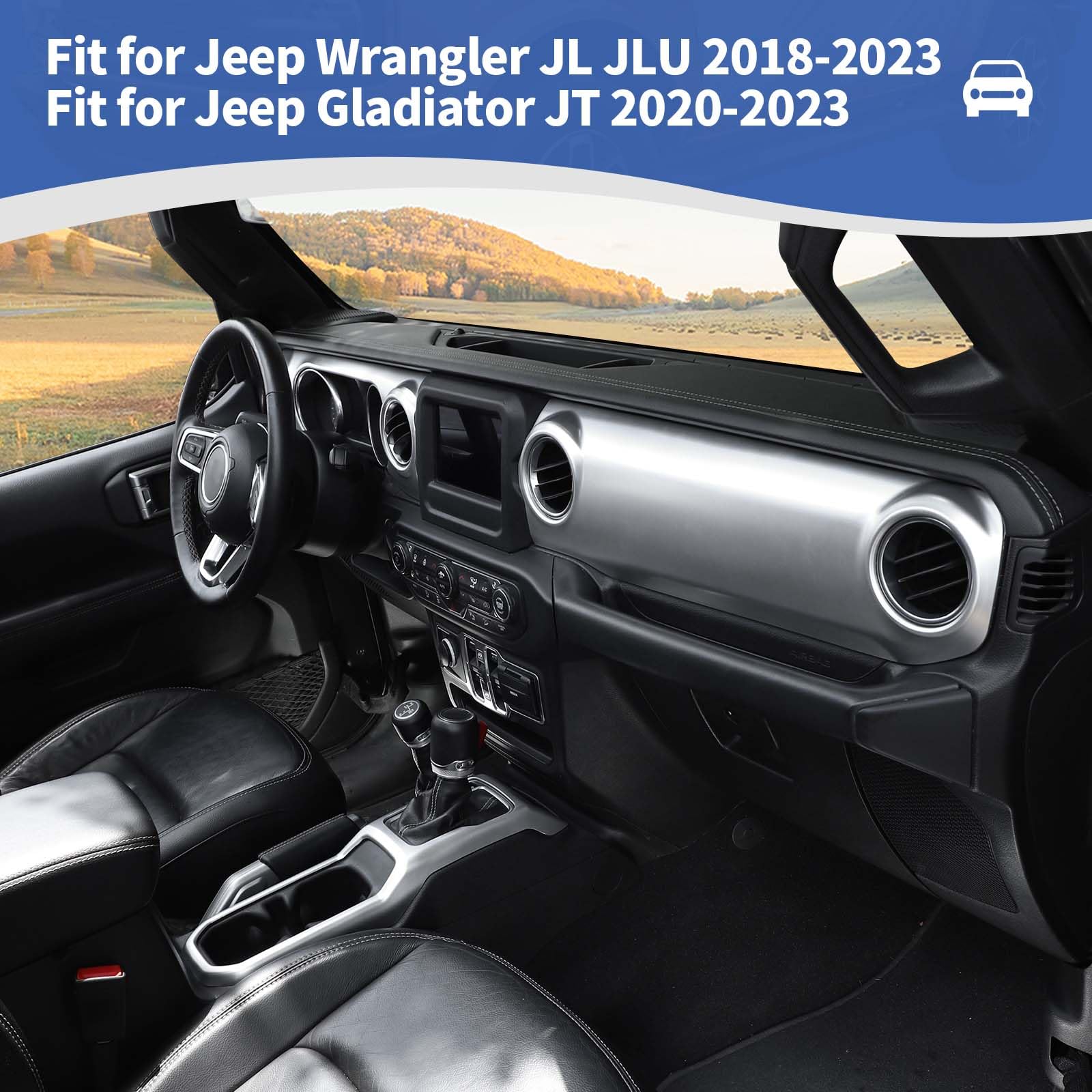 RT-TCZ Silver Dash Trim Cover & Gear Shift Panel Frame for Jeep Wrangler JL/JLU/Gladiator JT (2018-2023) - 3pc Interior Accessories for Enhanced Cabin Style & Protection