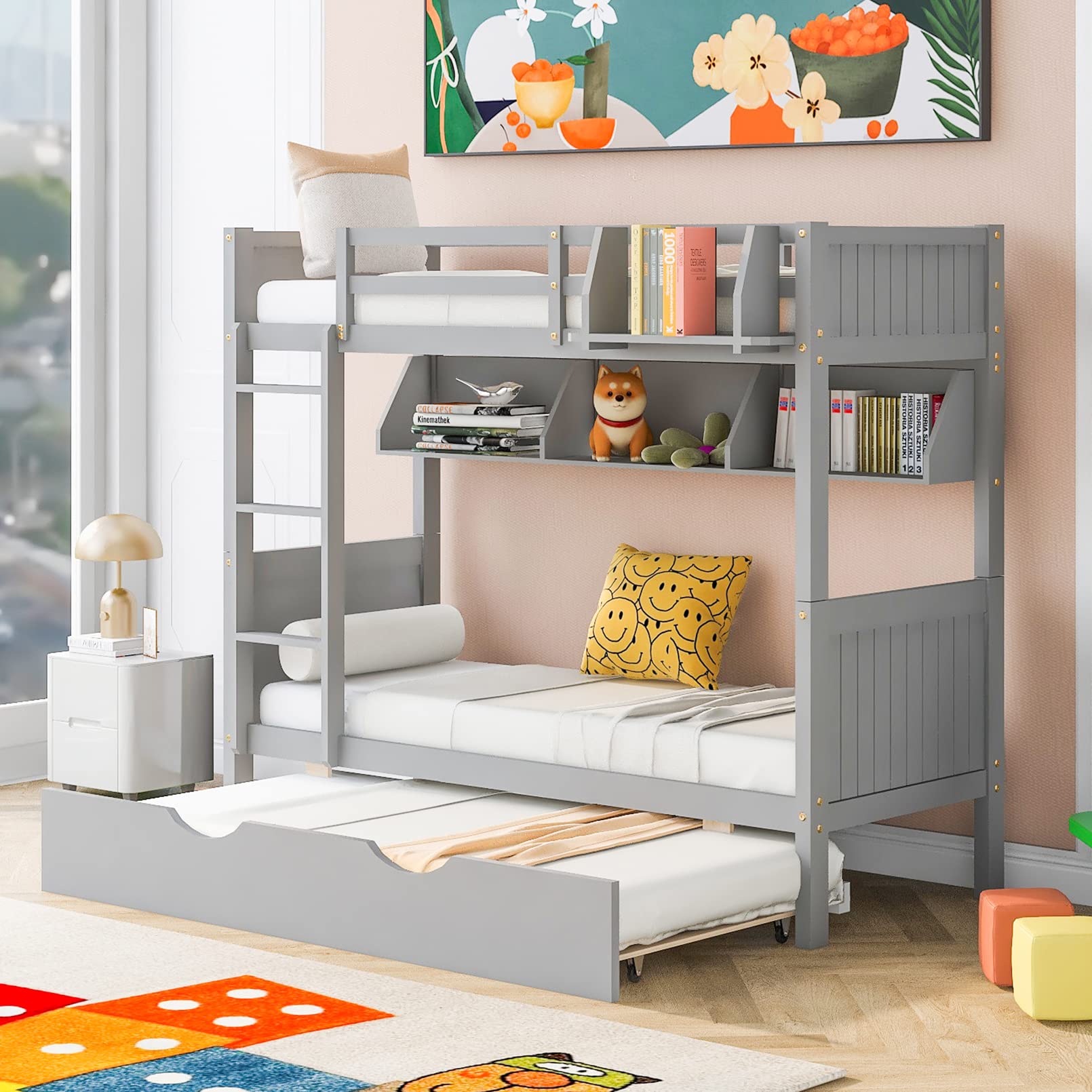 Twin Over Twin Wooden Bunk Bed with Trundle & Storage Shelves, Convertible Bunk Bed with Bookshelf, Space-Saving Kids Bed for Small Bedrooms - Perfect for Boys & Girls Rooms, Dorms, and Guest Rooms (Gray, Twin Size)
