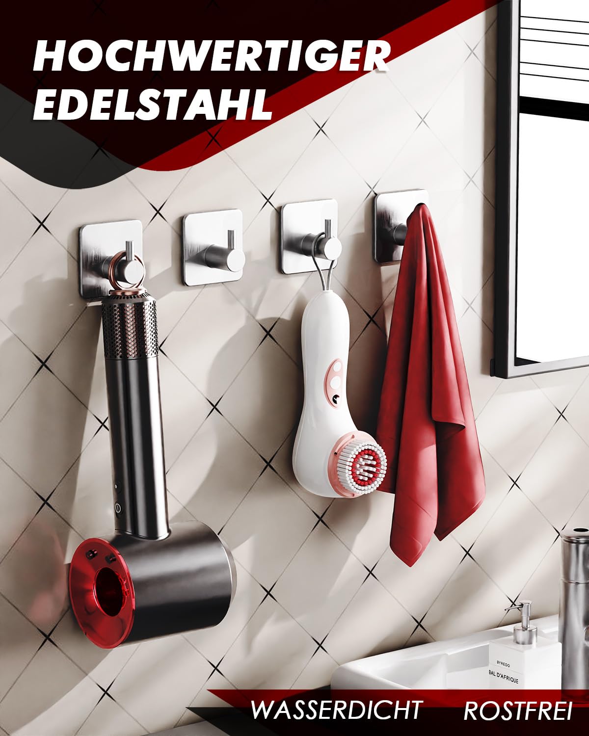 No-Drill Stainless Steel Adhesive Towel Hooks (6-Pack) - Rustproof Self-Adhesive Wall Hooks for Bathroom, Kitchen, Office - Perfect for Towels, Robes, Keys & Home Organization
