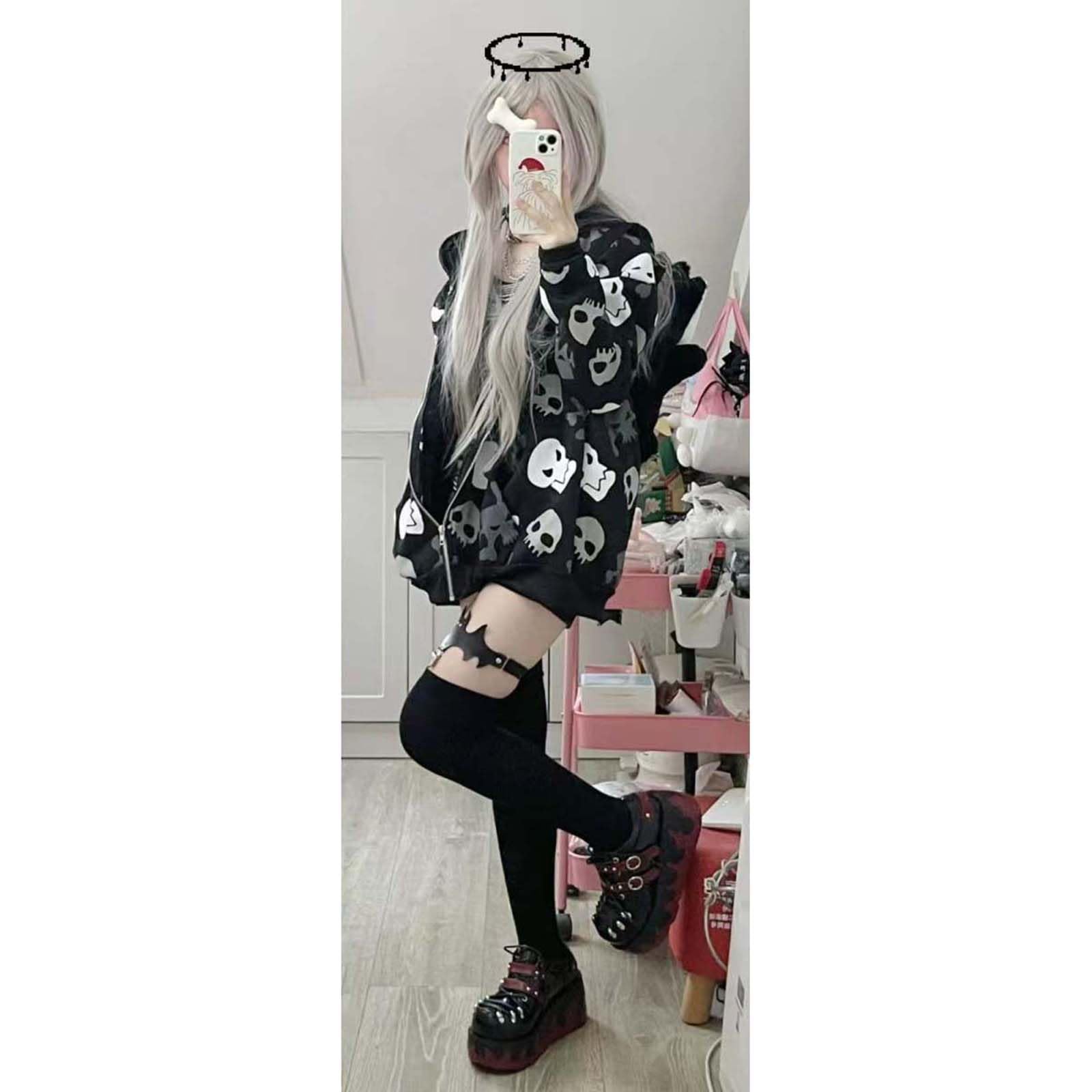 Gothic Women's Zip Up Hooded Sweatshirt - Y2K Skull Print Cardigan | Harajuku Loose Fit Jacket for Streetwear & Casual Outfits