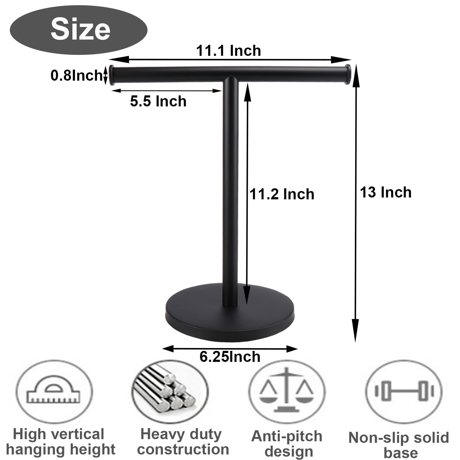 TocTen T-Shape Hand Towel Holder Stand - SUS 304 Stainless Steel Bathroom Towel Rack with Heavy Duty Base for Vanity Countertop (Matte Black) - Perfect for Bathroom, Kitchen & Guest Room Organization
