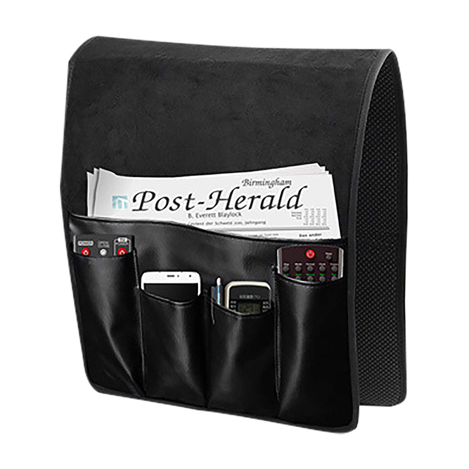Anti-Slip PU Leather Sofa Armrest Organizer - Phone, Tablet, Remote & Snack Holder for Couch, Recliner & Chair - Space Saving Storage for Books & Magazines (Black) | Perfect for Living Room, Home Theater & Office