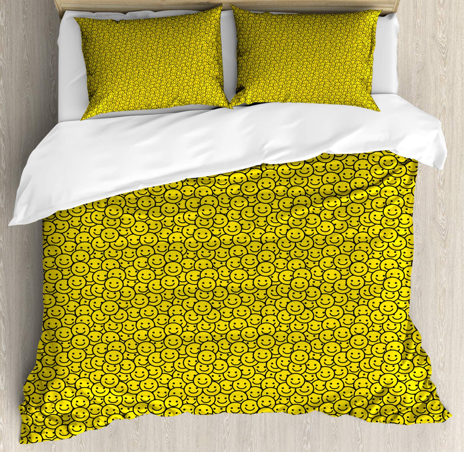 Ambesonne Black and Yellow Duvet Cover Set - Cheerful Cartoon Style Smiling Faces 3-Piece Bedding Set with 2 Pillow Shams, California King Size | Happy Mood Expression for Kids & Teens Room Decor | Perfect for Bedroom, Dorm, or Guest Room