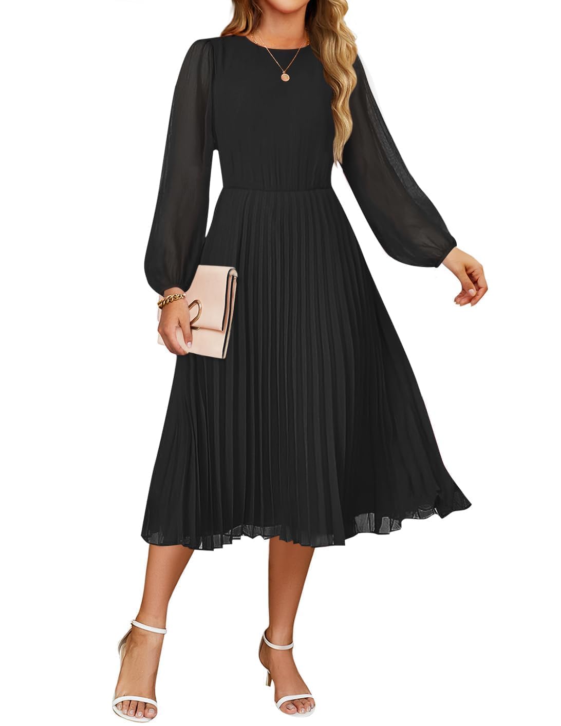 ZESICA Women's Long Sleeve Chiffon Dress - Elegant Pleated A-Line Midi Dress for Fall 2025 | Casual Crewneck Swing Dress for Cocktail Parties, Date Nights & Office Wear