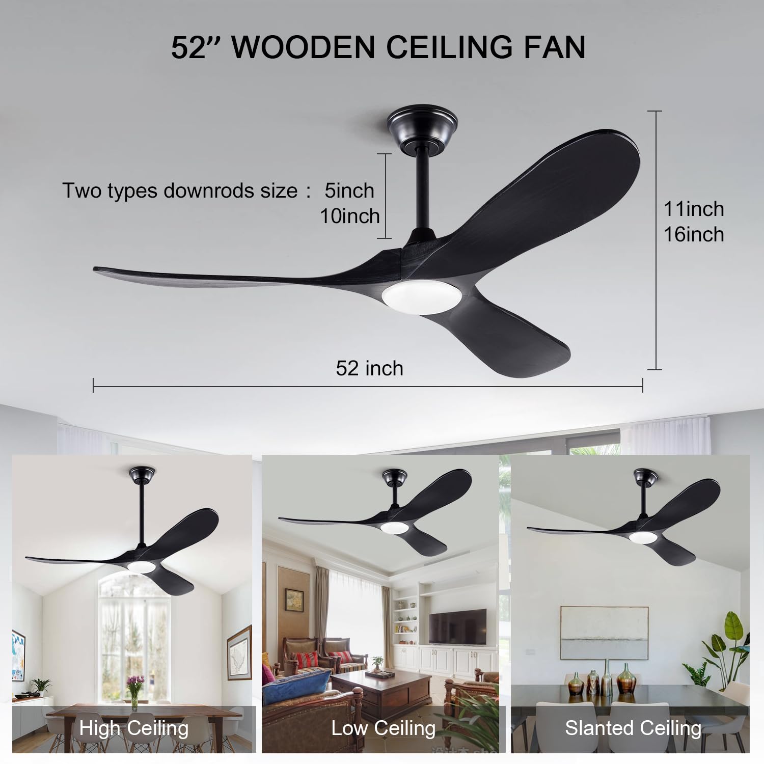 52 Inch BOJUE Modern Ceiling Fan with Lights - Indoor/Outdoor Remote Control Fan, 3 Wooden Blades, 6 Speed Settings, Black - Perfect for Porch, Living Room, Bedroom, and Patio Cooling