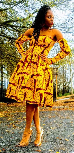 Stylish Golden Yellow African Print Ankara Dress DP3745D - Perfect for Weddings, Parties & Cultural Events