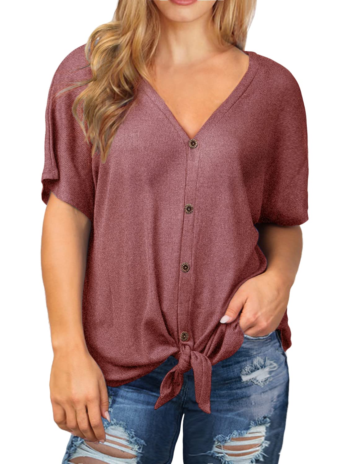 OLRIK Women's Plus Size Short Sleeve V-Neck Waffle Knit Tunic Blouse - Tie Front Button Up Casual T-Shirt for Work, Date Night & Everyday Wear