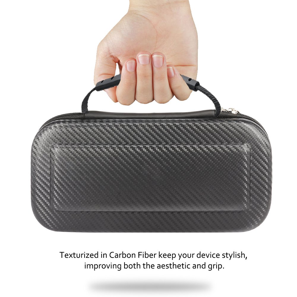 Premium Carbon Fiber Hard Travel Case for Nintendo Switch with 2 Pack Tempered Glass Screen Protectors | Durable Protective Shell & Carry Pouch (Black) | Perfect for Gaming On-The-Go & Travel Protection