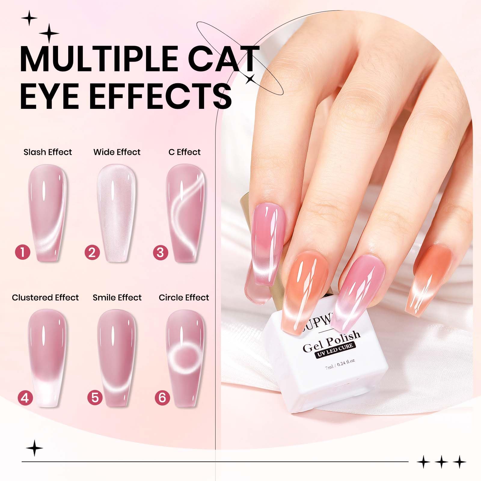 6 Colors Cat Eye Gel Nail Polish Set - Moonlight Glass Magnetic Gel with Shimmer Glitter (Pink, Purple, Gray) | Soak Off & Nail Lamp Friendly | DIY Nail Art at Home for Parties, Weddings & Special Occasions