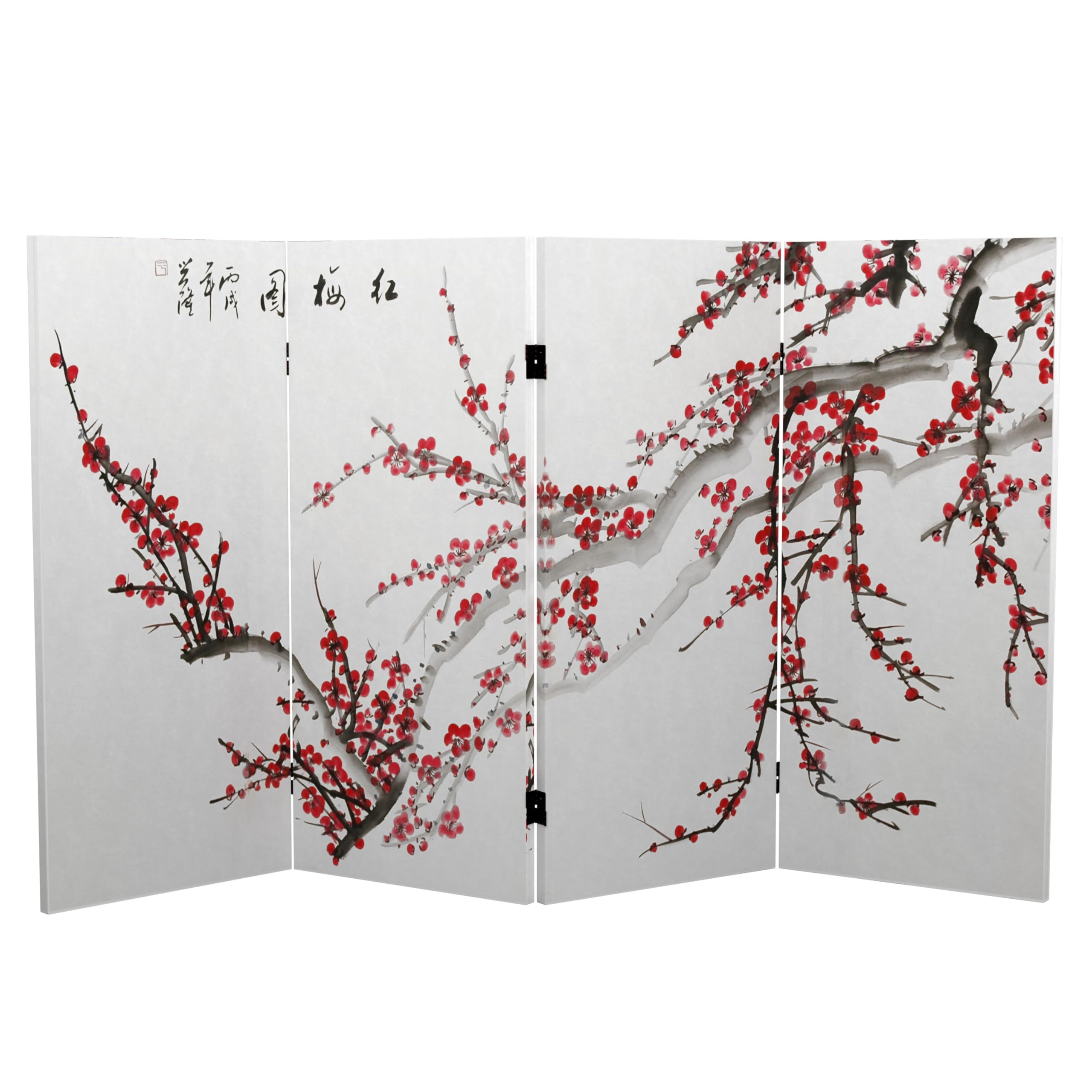 3 ft Red Lantern Double-Sided Plum Blossom Canvas Room Divider - Traditional Chinese Decorative Screen for Home, Office & Wedding Decor