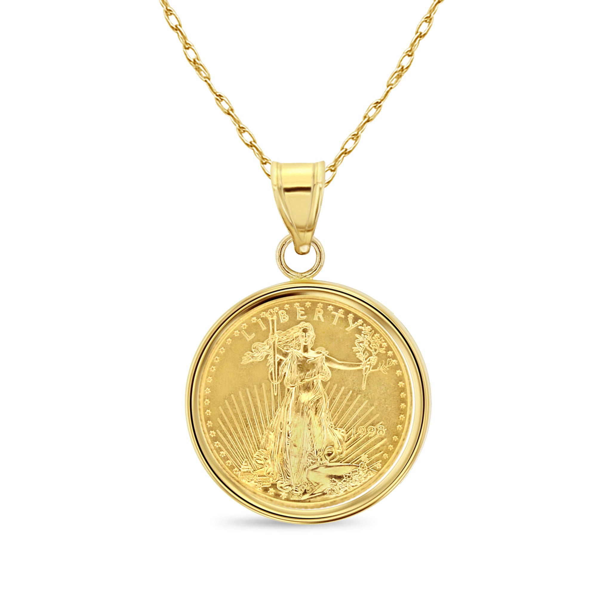 1/4 Oz Lady Liberty Flying Eagle Coin Necklace in Polished Bezel Setting - Perfect for Gifts, Jewelry Collectors & Patriotic Fashion Accessories