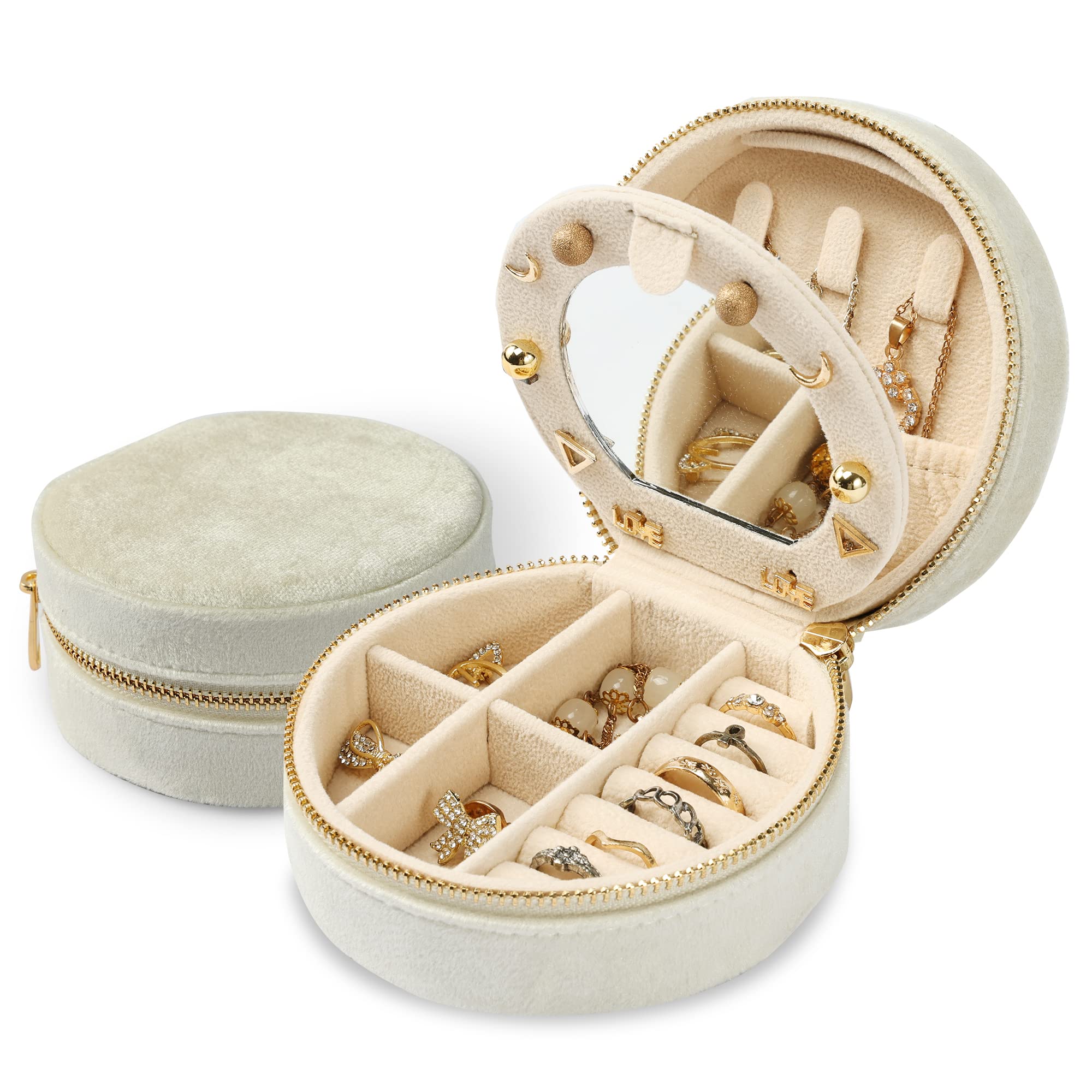 Dajasan Velvet Jewelry Organizer Box - Mini Travel Jewelry Case with Mirror for Earrings, Bracelets, Rings & Necklaces - Portable Jewelry Storage for Women - Perfect for Travel, Home & Gift (Beige)