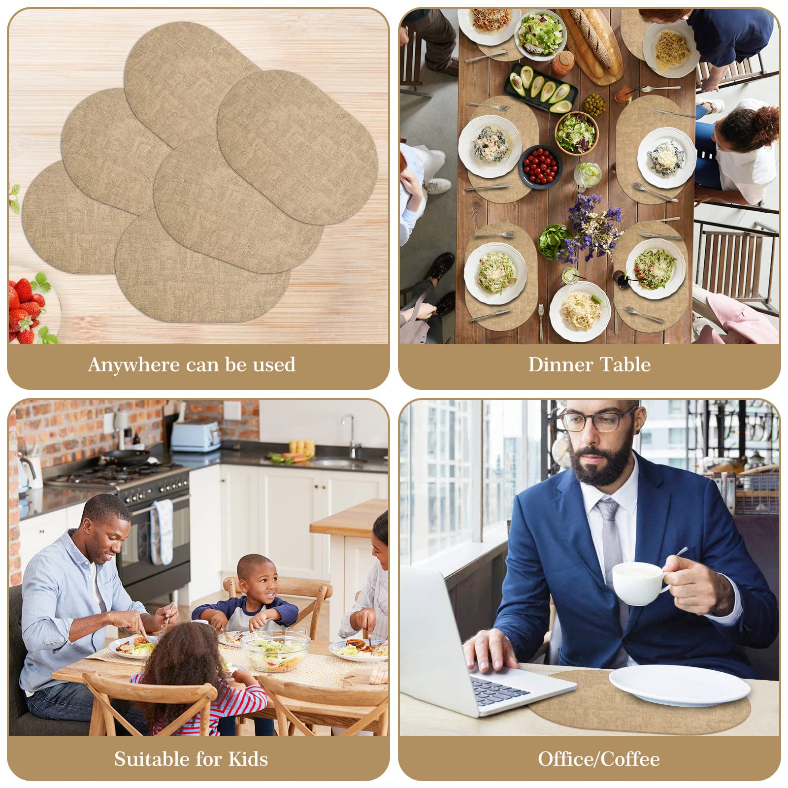 **ANUNU Set of 6 Double-Sided Faux Leather Placemats – Heat Resistant, Waterproof, Non-Slip Oval Dining Table Mats for Kitchen & Home Decor (Camel) – Perfect for Everyday Meals, Dinner Parties & Holiday Gatherings**