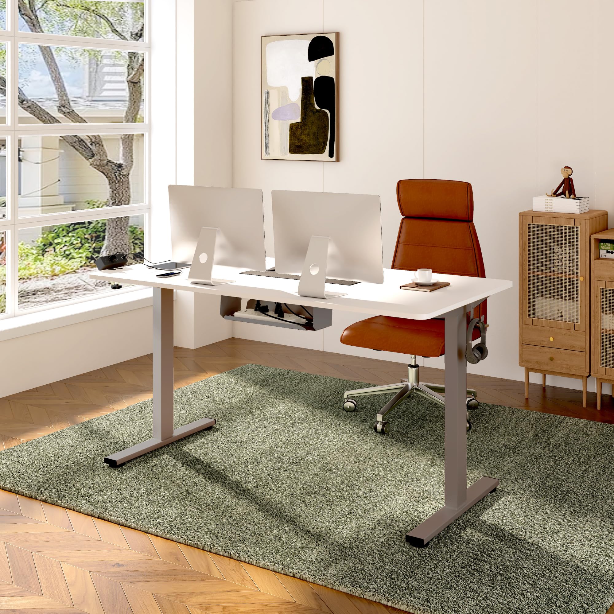 FLEXISPOT EN2 Electric Standing Desk 48 x 30 Inches - Height Adjustable Whole-Piece Stand Up Desk with Clamp Power Strip & Cable Management (Gray Frame, White Top) - Perfect for Home Office, Gaming Setup & Workspace Ergonomics