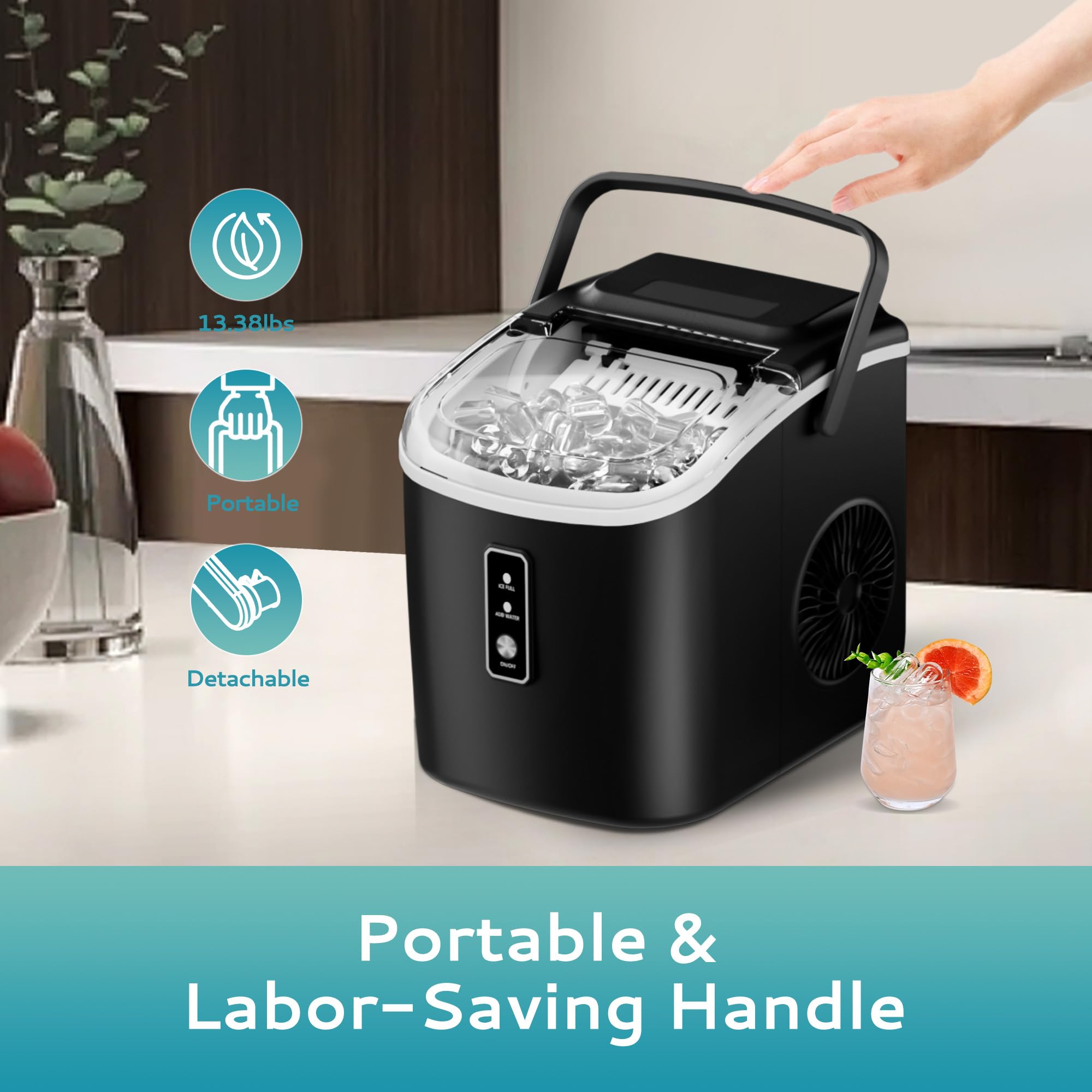 EUHOMY 26.5lbs/Day Portable Ice Maker Machine - Countertop Ice Maker with Auto-Cleaning, 9 Cubes in 6 Minutes, Includes Basket & Scoop - Perfect for Home Kitchen, Camping, RV & Outdoor Activities (Black)
