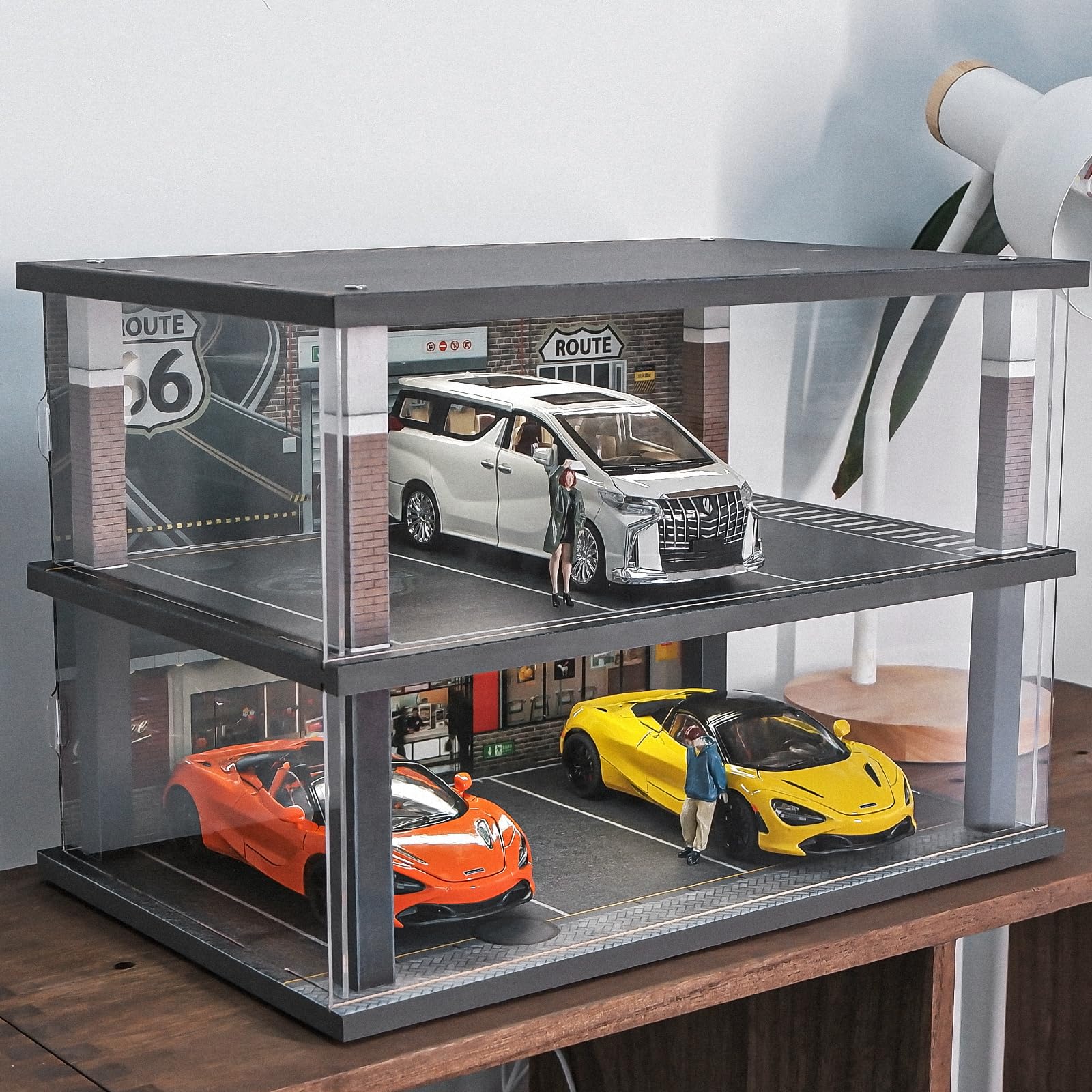 1:24 Scale Alloy Car Model Display Case with LED Light & Dust Cover - Coffee Bar Parking Lot Scene for Diecast Toy Cars, Lego & Collectibles - Perfect for Home Decoration, Gift & Showcase