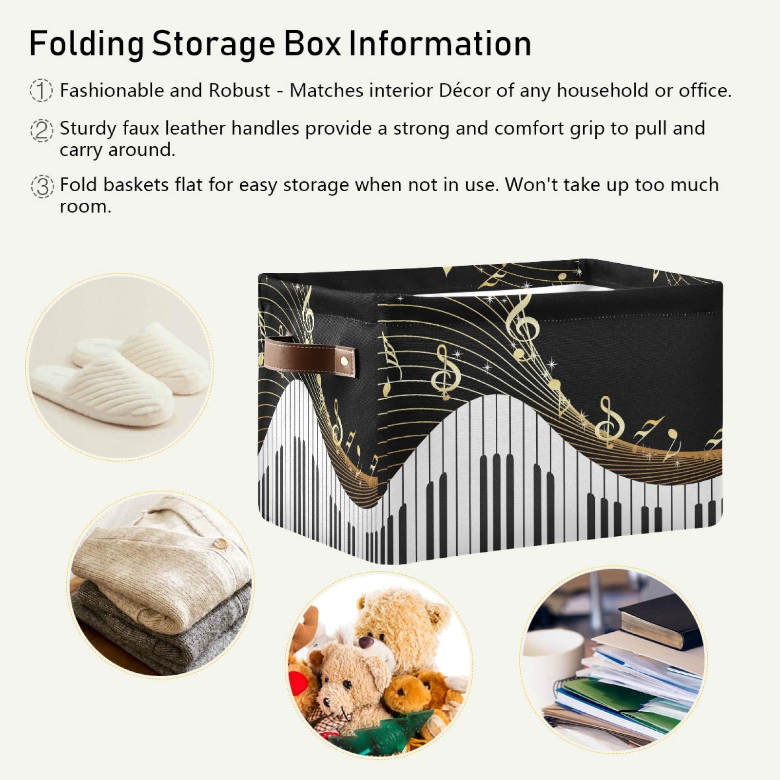 AUUXVA 2-Pack Canvas Storage Baskets with Handles - Collapsible Music Note Design Organizer Bin for Toys, Closet, Shelf, Bedroom & Home Office - Durable & Stylish Home Decor