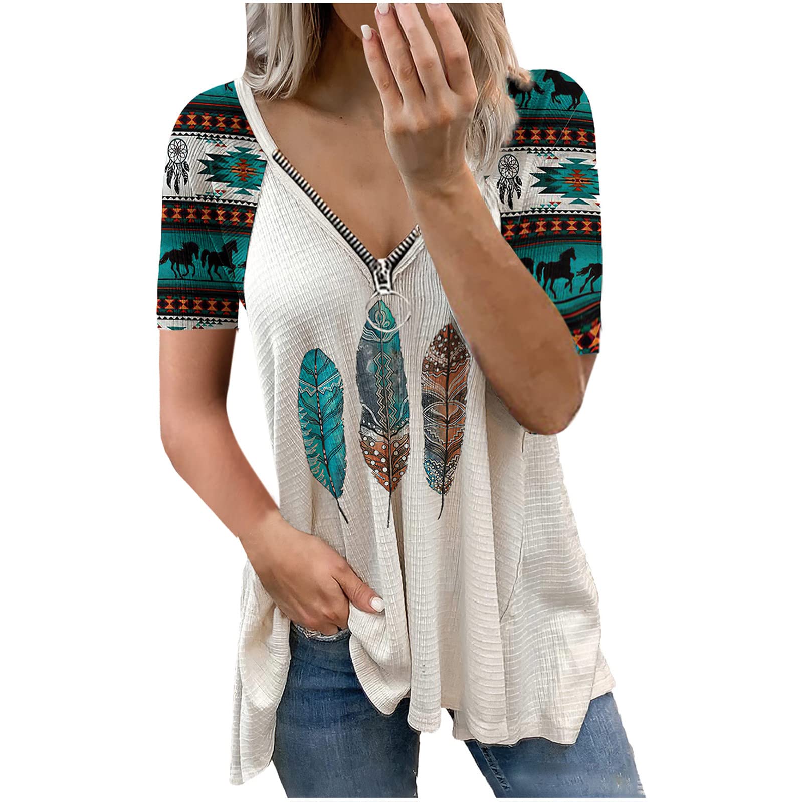 Women's Western Aztec Print Shirts - Vintage Ethnic Style Waffle Tee Tops - Casual Loose Long Sleeve Tunic Blouse for Boho Fashion, Music Festivals & Everyday Wear