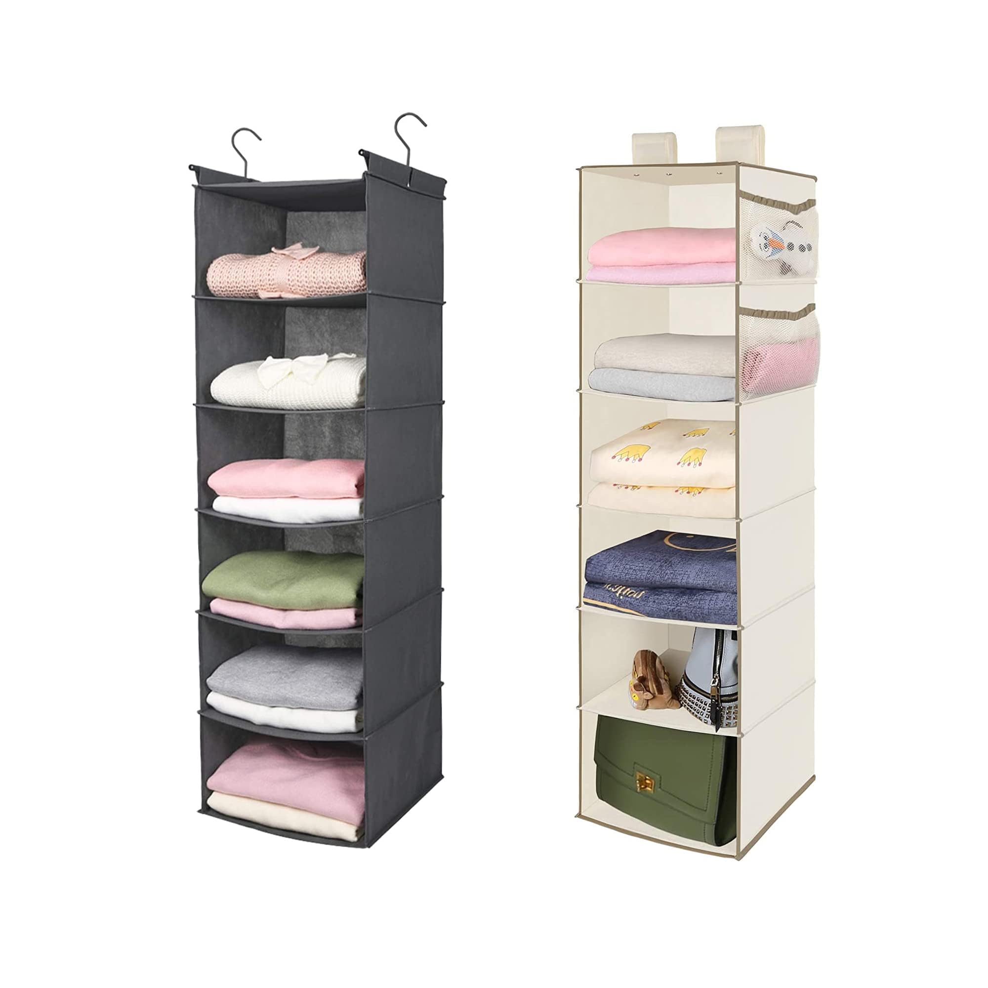 MAX Houser 6-Tier Hanging Closet Organizer Shelf with 2 Heavy-Duty Hooks - Foldable Space-Saving Storage Solution for Bedroom, Closet & Dorm (Grey & Beige) - Perfect for Organizing Clothes, Shoes & Accessories