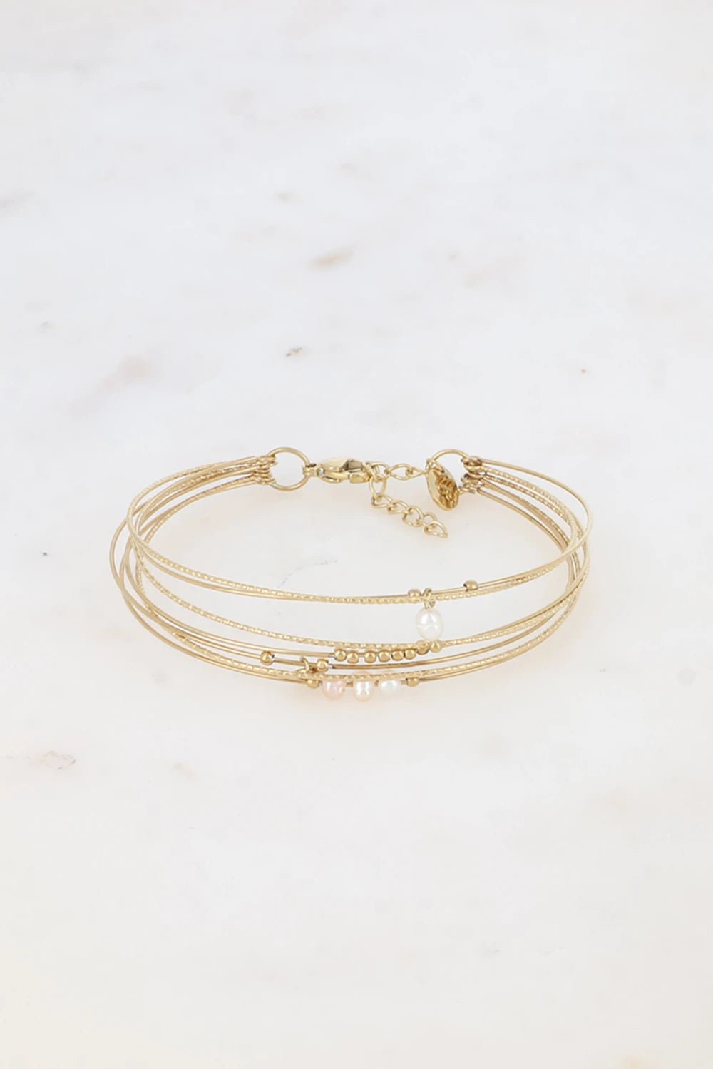 Jonc Telma 7-Ring Stackable Bracelet with Natural Stones - Smooth & Textured Bands for Women's Everyday Wear & Layering