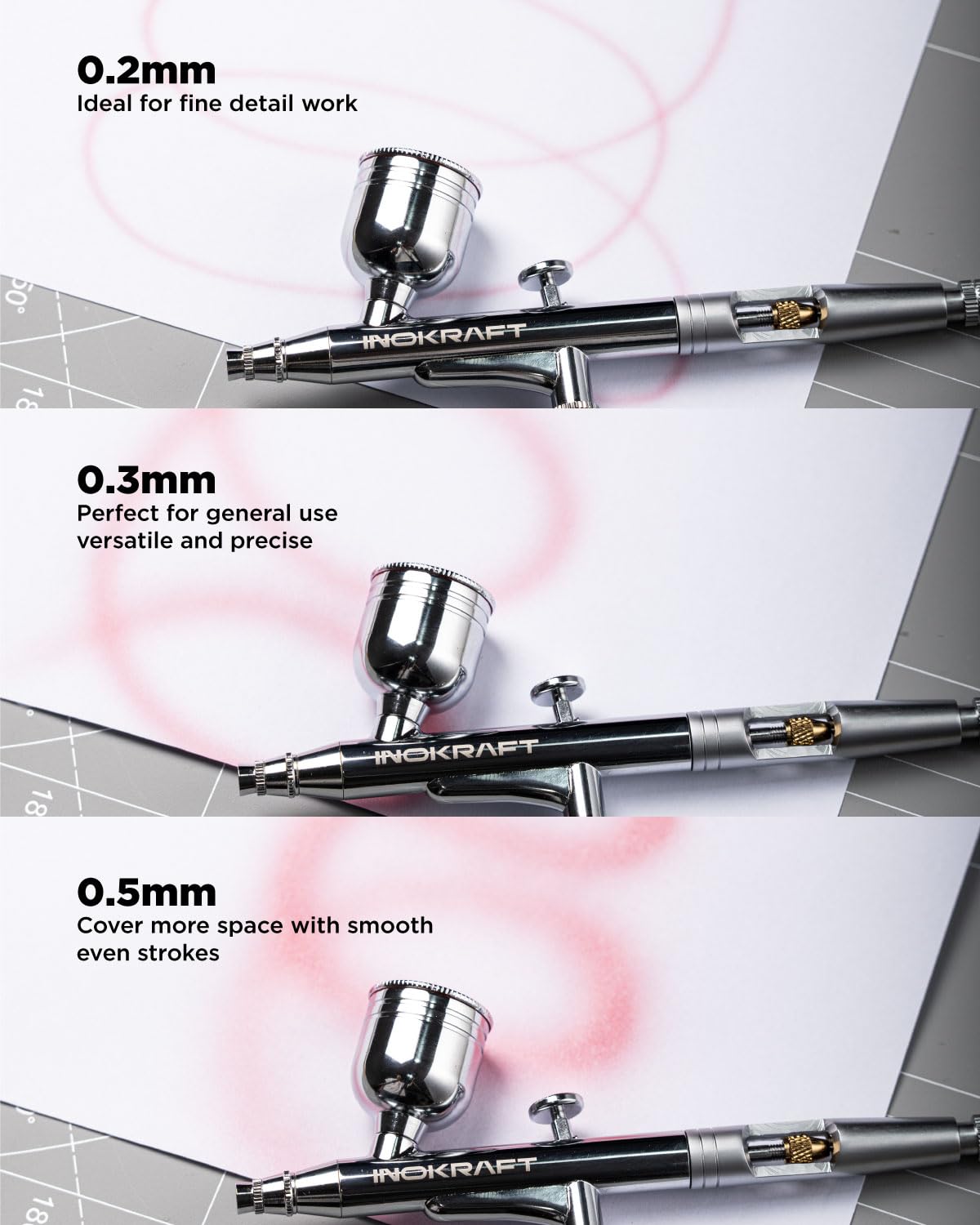 InoKraft Professional Airbrush Kit with 1/6 HP Quiet Air Compressor - 3 Nozzle Sizes (0.2mm, 0.3mm, 0.5mm) Gravity Feed Airbrush - Complete Set with Hose, Holder & Guide - Perfect for Model Painting, Cake Decorating, T-Shirt Design & DIY Art Projects