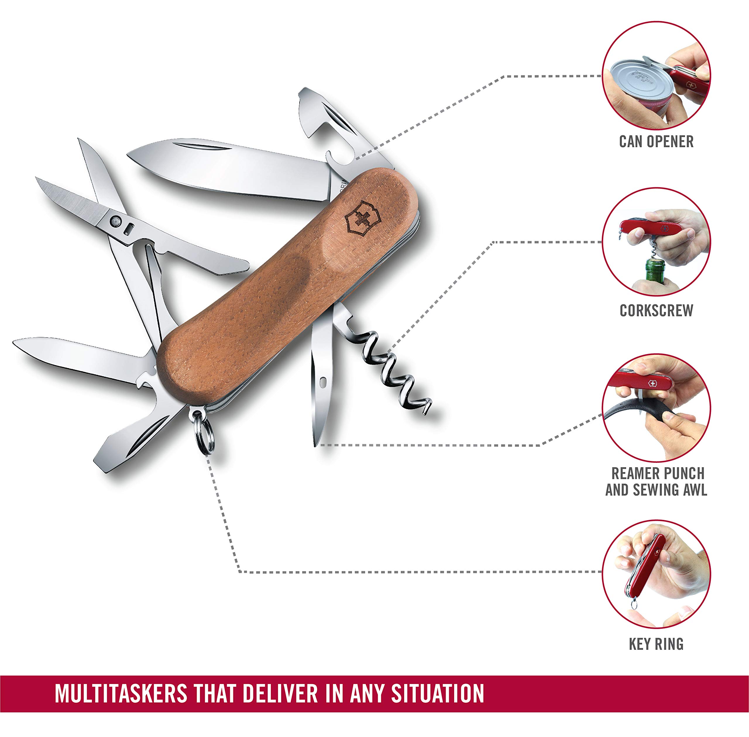 Victorinox EvoWood 14 Swiss Army Knife - Multitool Pocket Knife with Wood Handle for Camping, Hiking & Everyday Carry (EDC)