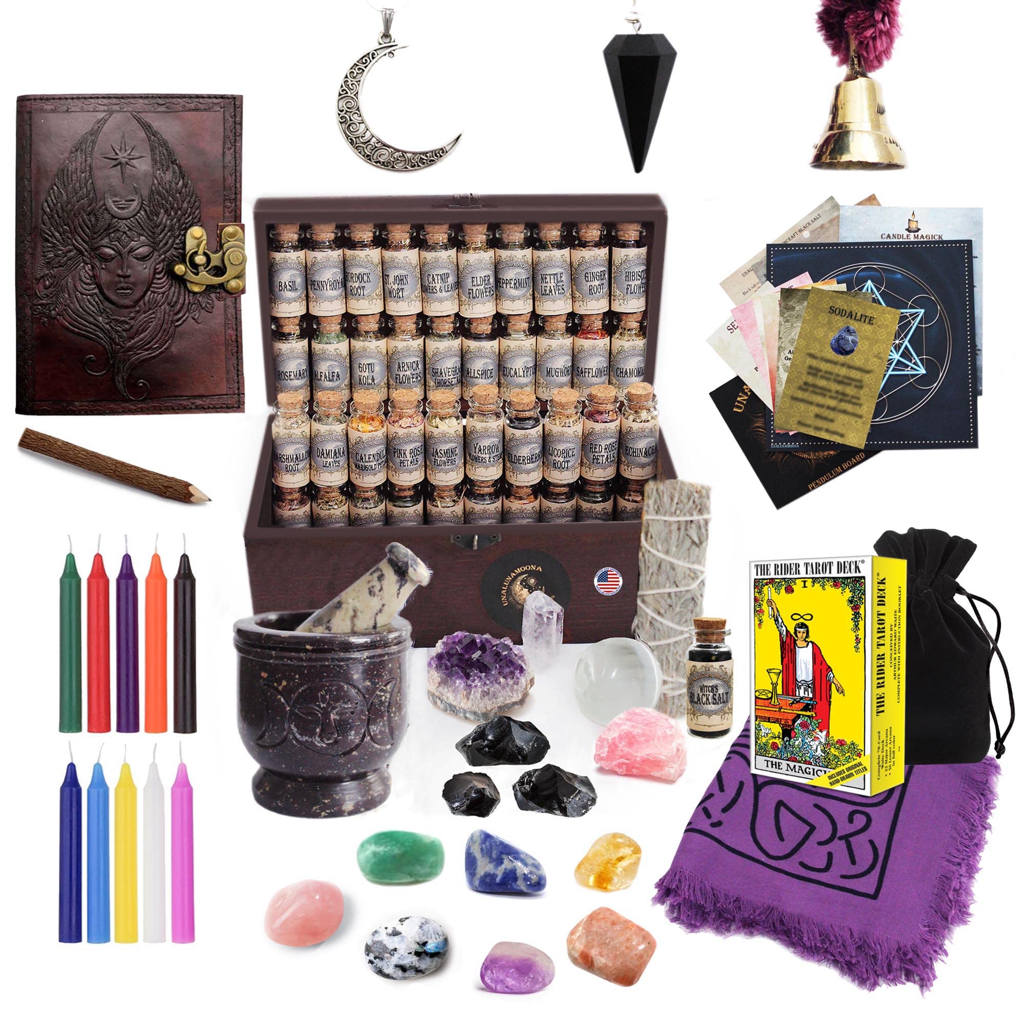Complete Wiccan Witchcraft Kit - 101 Essential Supplies & Tools for Altar Setup, Spell Casting & Rituals | Perfect for Beginners, Wiccans & Pagan Practitioners | Includes Book of Shadows, Candles, Herbs & More | Ideal for Home Altars, Moon Ceremonies & Spiritual Work