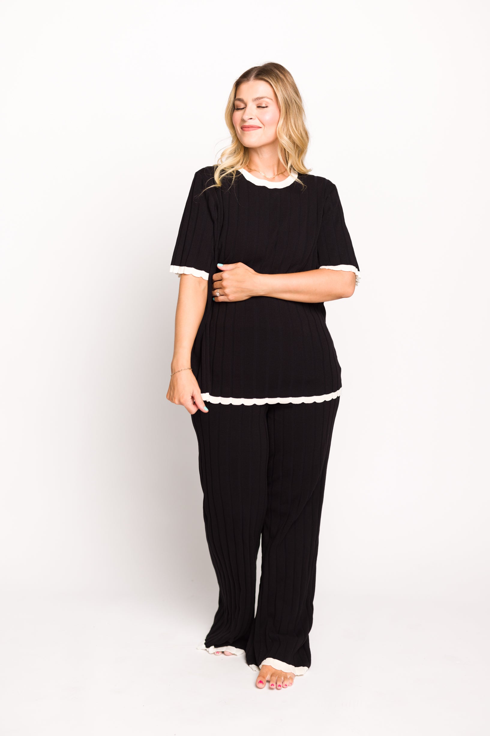 Adele Ribbed Knit Top and Pants Set - Women's Black Stretch Outfit for Casual Wear, Lounge & Fall Fashion