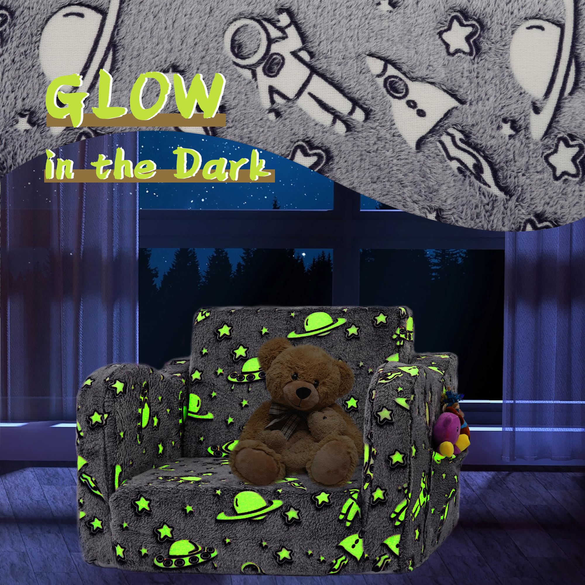 2-in-1 Glow in The Dark Toddler Couch Bed - Convertible Sofa to Lounger for Boys & Girls | Foldable Kids Furniture for Playroom, Nursery & Bedtime Reading