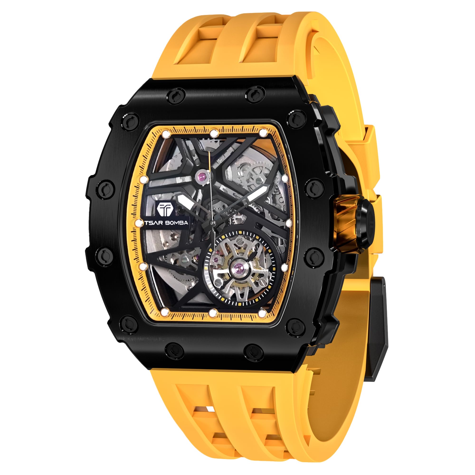 TSAR BOMBA Men's Luxury Automatic Skeleton Watch - Silver Square Big Face with Silicone Strap - 50M Waterproof Analog Watch for Business, Casual & Formal Wear - Unique Cool Gift for Men