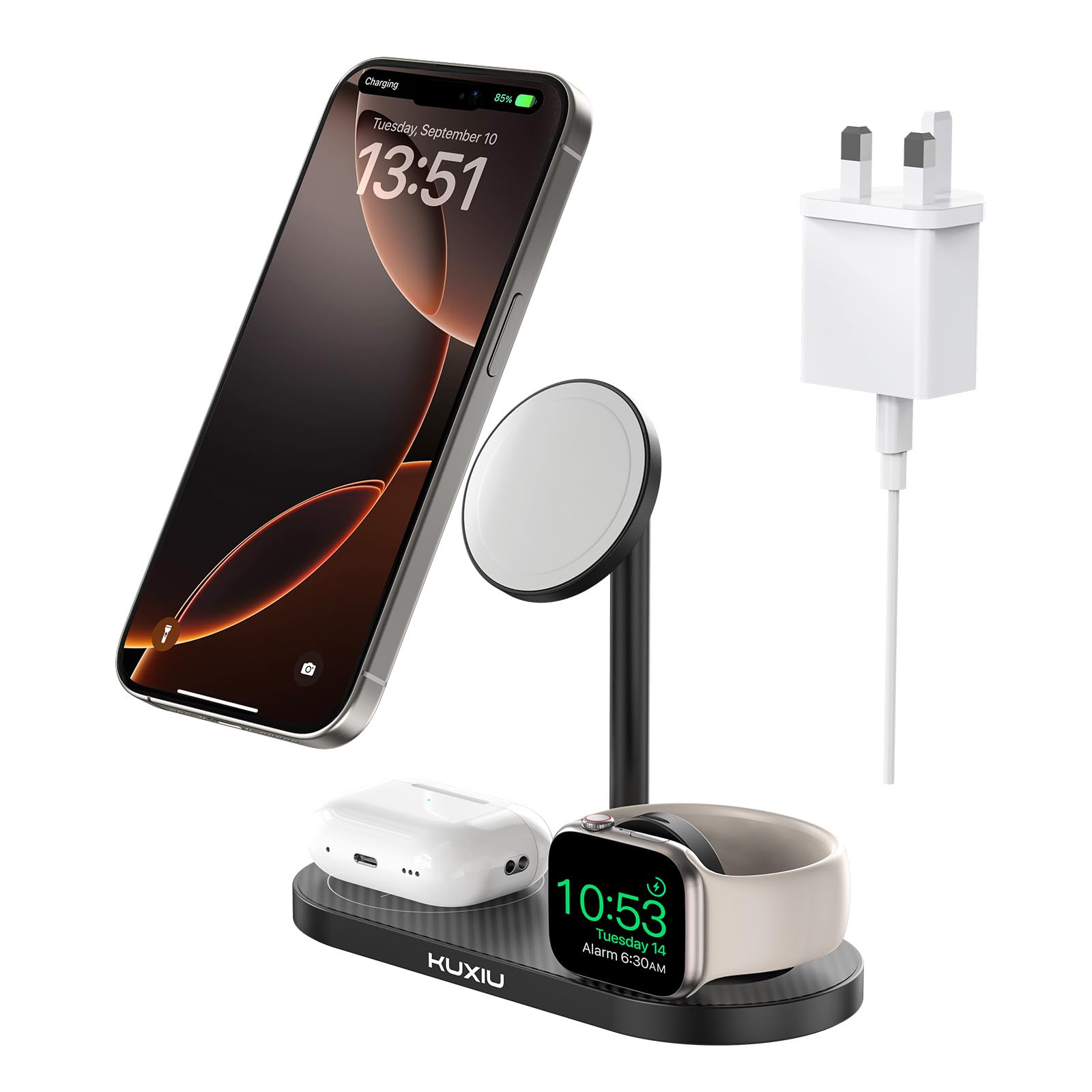 3 in 1 Magnetic Wireless Charging Station for iPhone 16/15/14/13/12 Series - Fast Charging Stand for Apple Watch S1-9/Ultra & AirPods - Aluminum Alloy MagSafe Compatible Charger for Home, Office & Travel