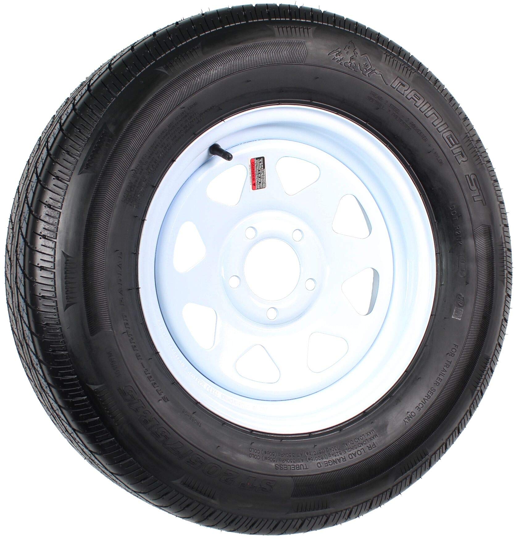 Radial Trailer Tire on Rim ST205/75R15 LRD 15 Inch 5 Lug Spoke White Wheel - Heavy Duty Replacement for Boat Trailers, Utility Trailers & Campers