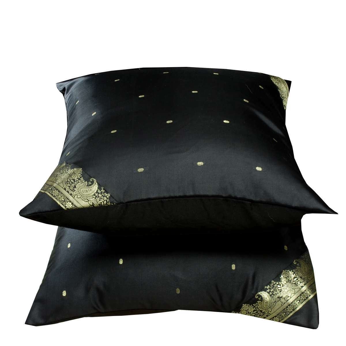 Elegant Black Handmade Sari Cushion Covers Set of 2 - Indian Sari Throw Boho Decor Pillow Covers with Zipper Closure 16x16 Inch - Perfect for Living Room Sofa, Bedroom Decor & Bohemian Home Accents