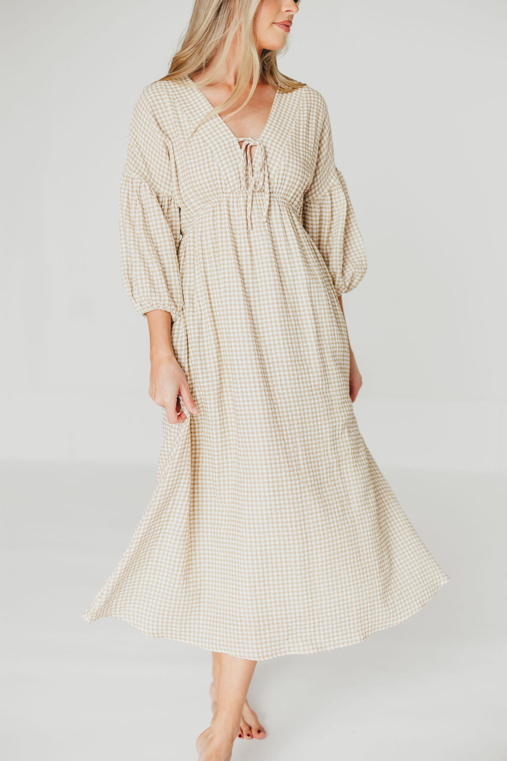 Hunter Printed Gauze Midi Dress in Natural Plaid - Bump Friendly Maternity Dress for Summer, Beach & Casual Wear